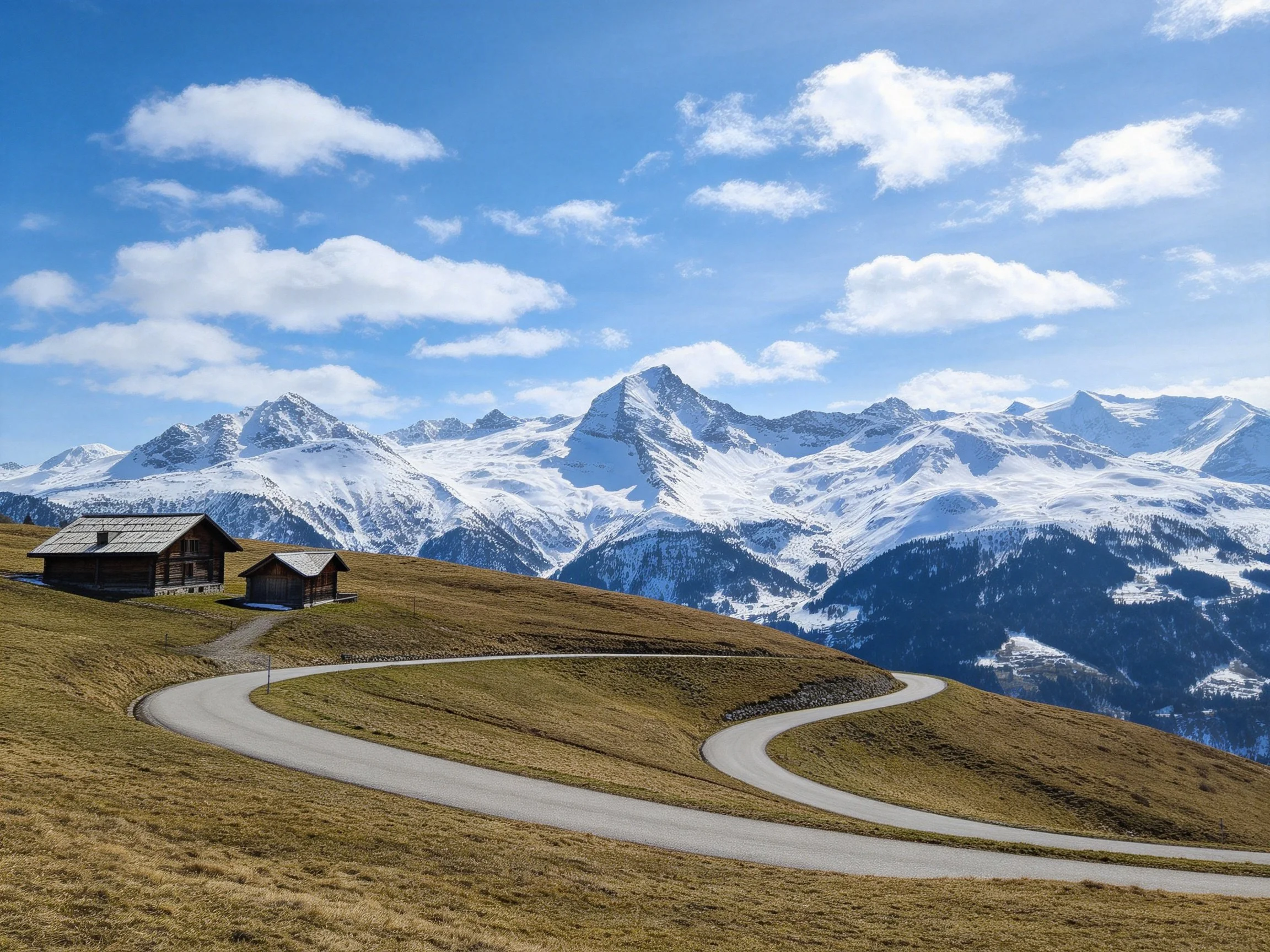 Two wooden cabins near a winding road overlook snow-covered mountain ranges under bright blue sky
