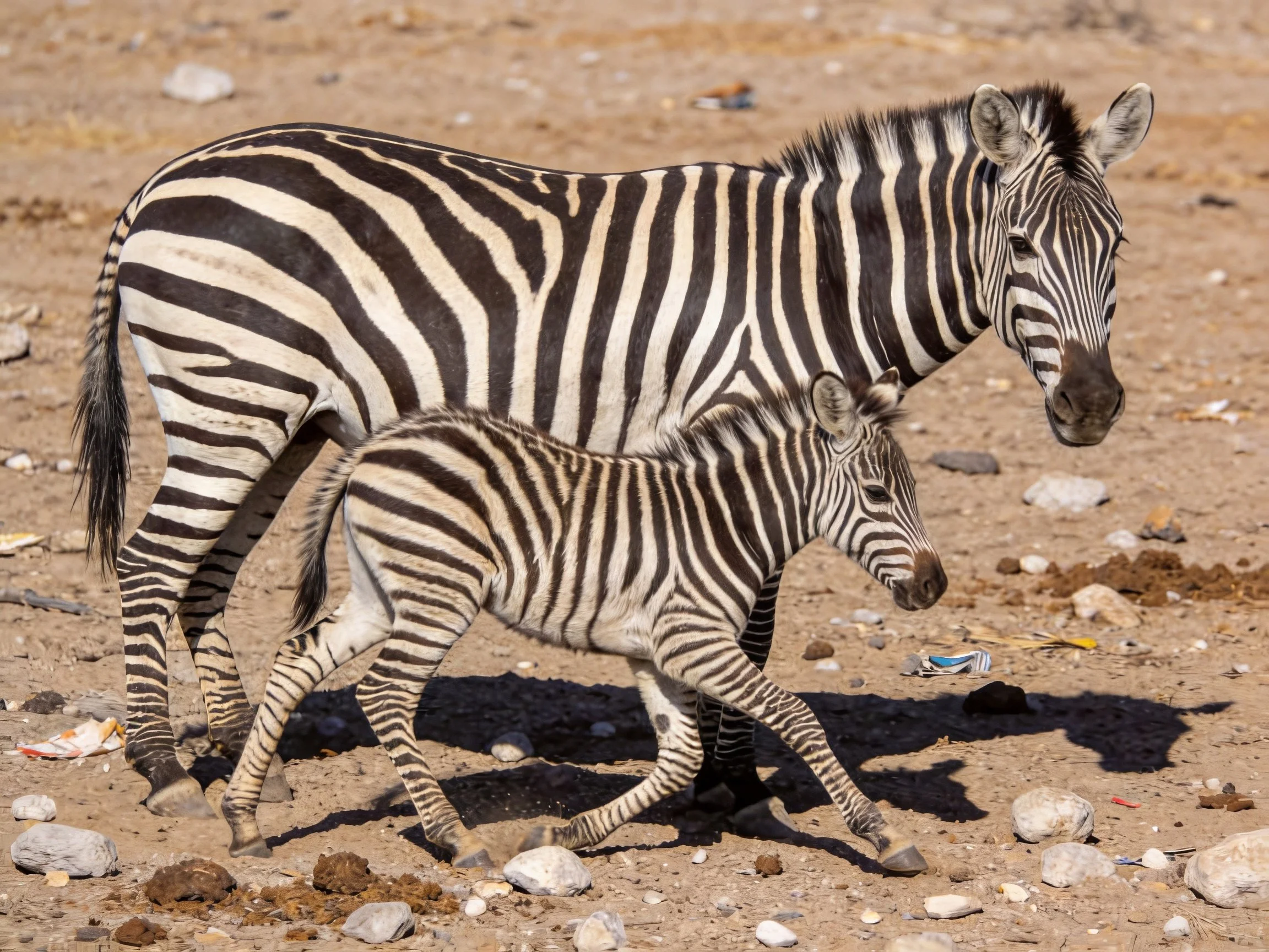 Two zebras, adult and foal, with bold black-and-white stripes on rocky ground