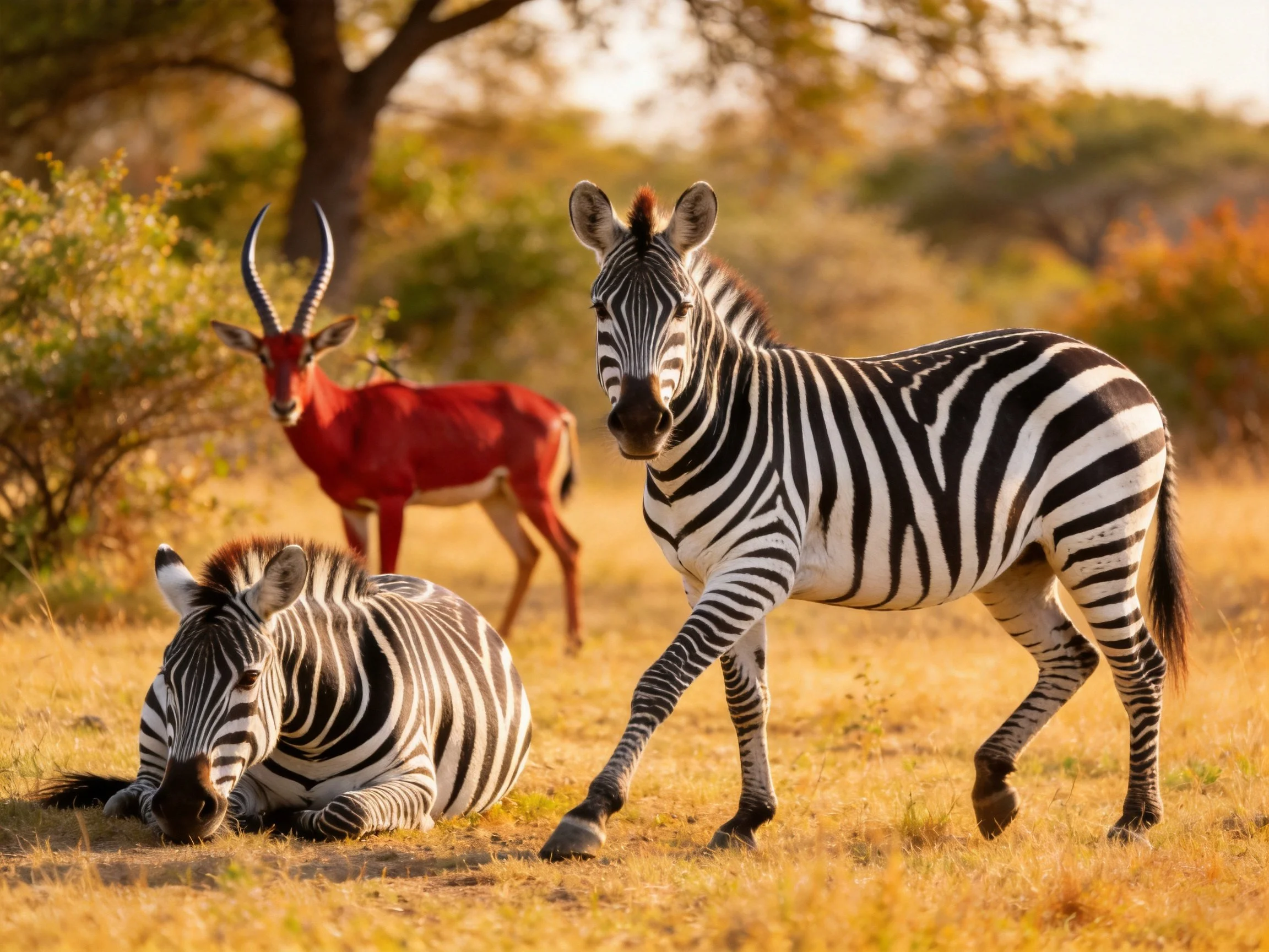 Two zebras and a red antelope in sunlit savannah