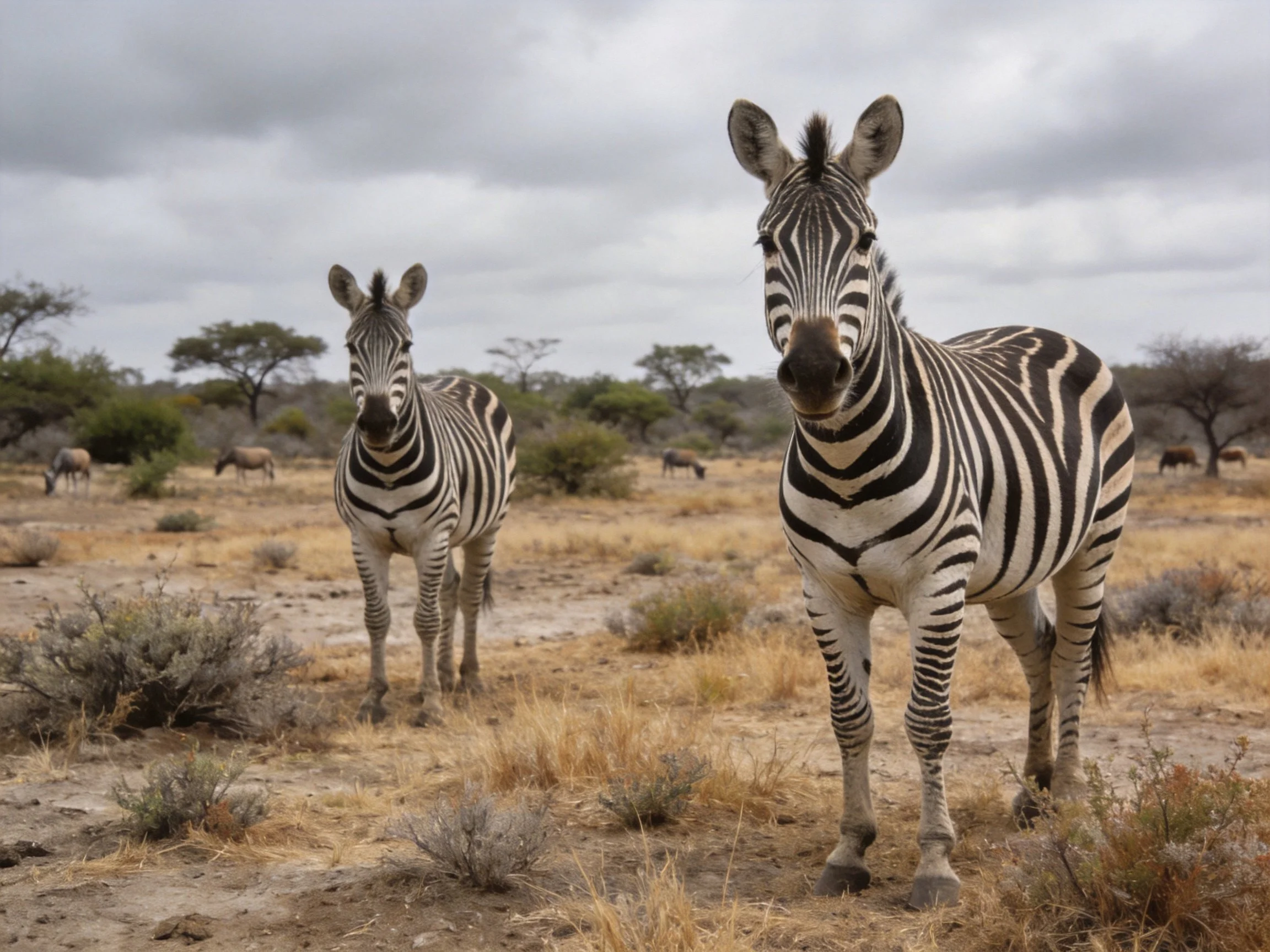 Two zebras in a dry savannah landscape with scattered shrubs
