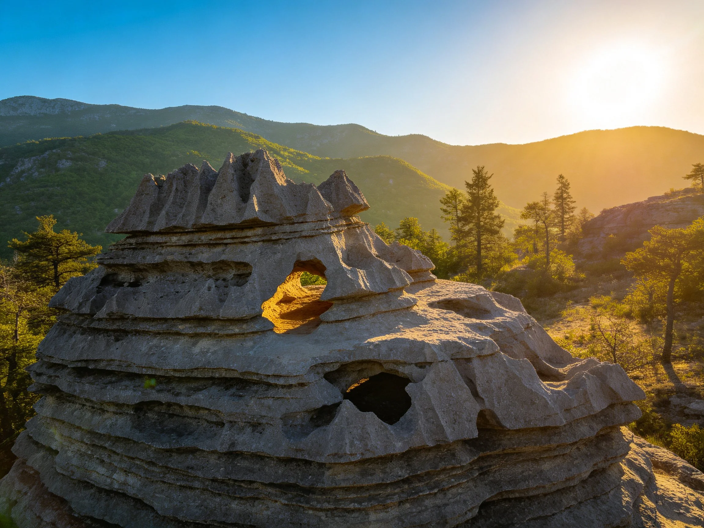 Unique layered rock formation in sun-drenched mountainous forest
