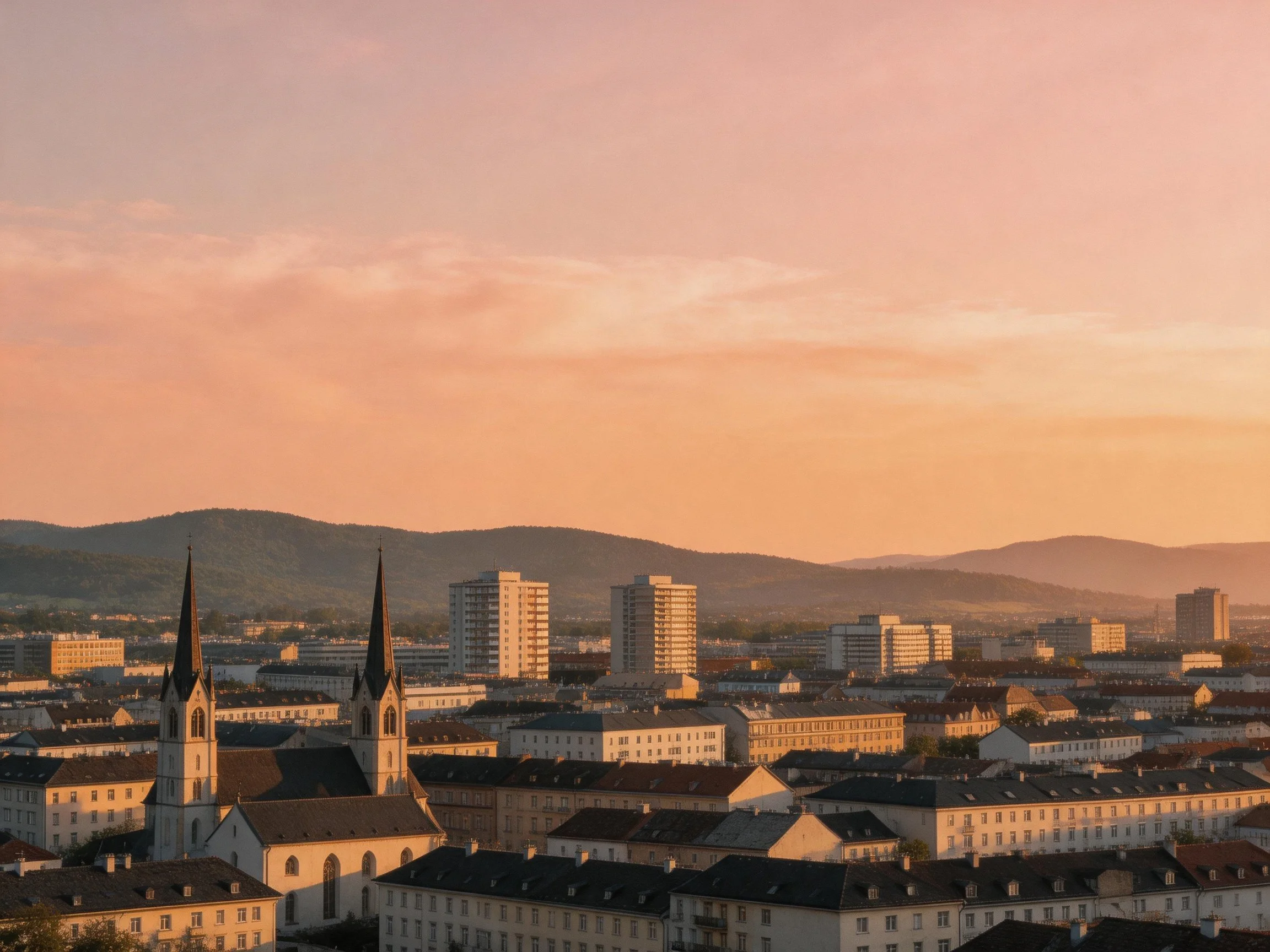 Urban Landscape with Church Towers, Modern Buildings, and Mountain Backdrop at Sunset