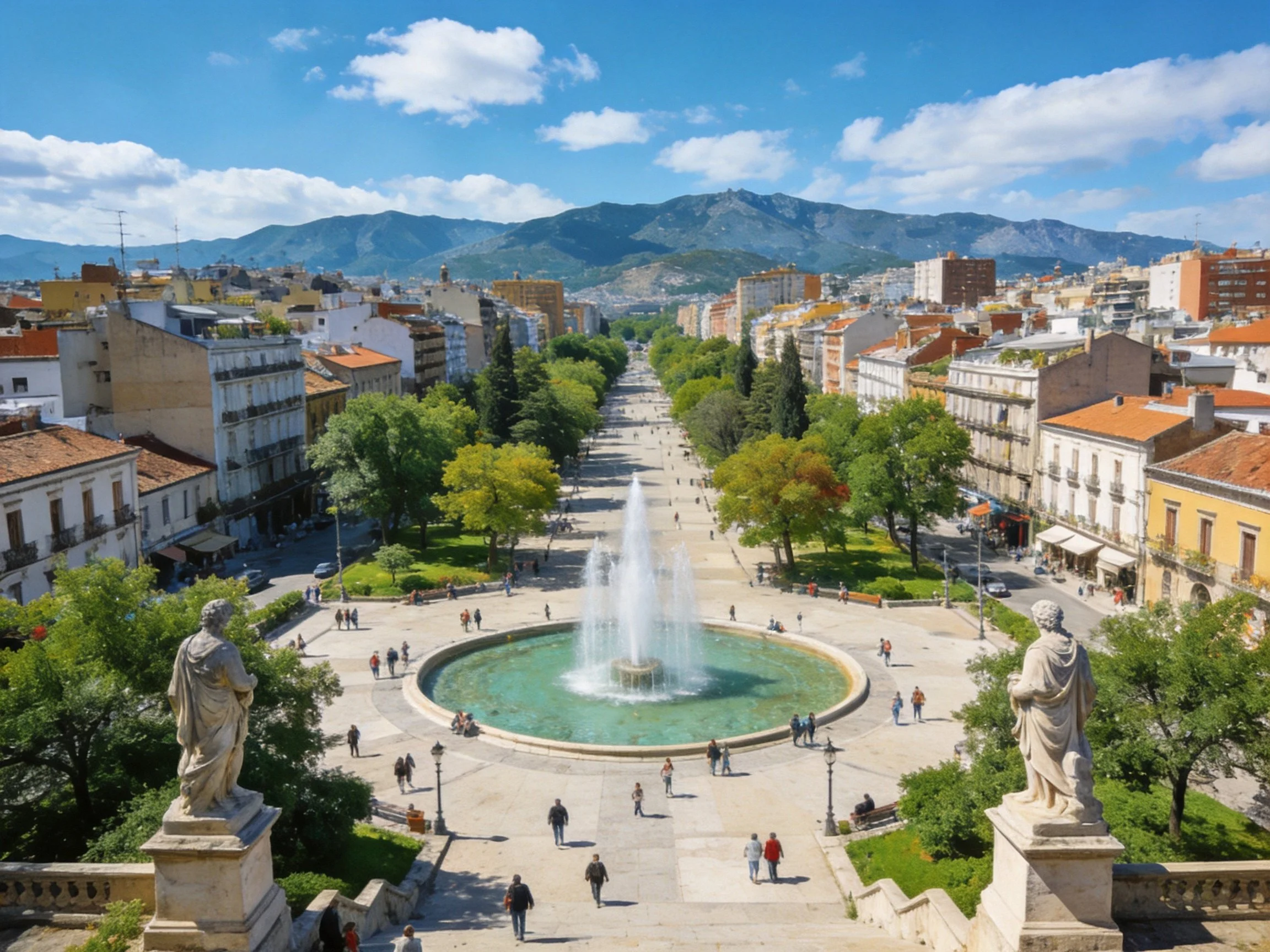 Urban plaza with central fountain and mountain backdrop