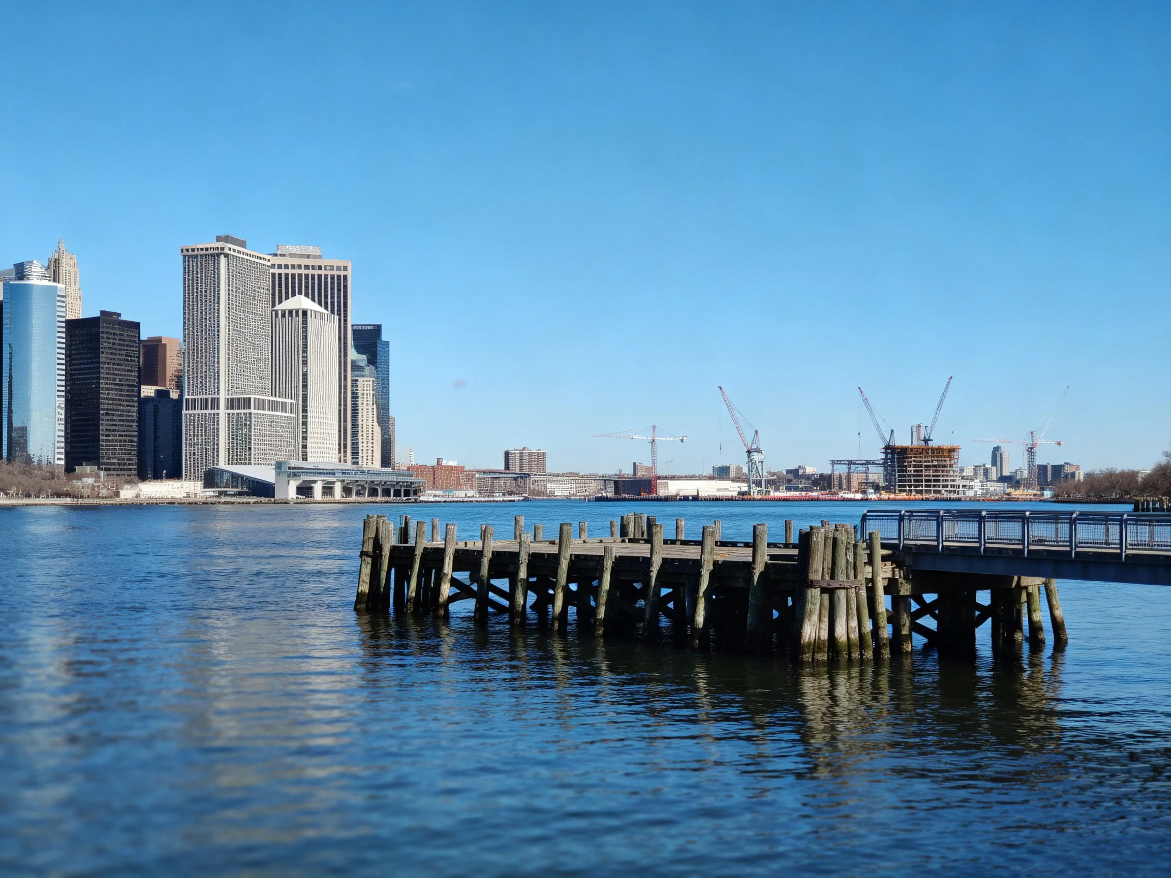 Urban skyline with skyscrapers overlooks calm water near wooden pier