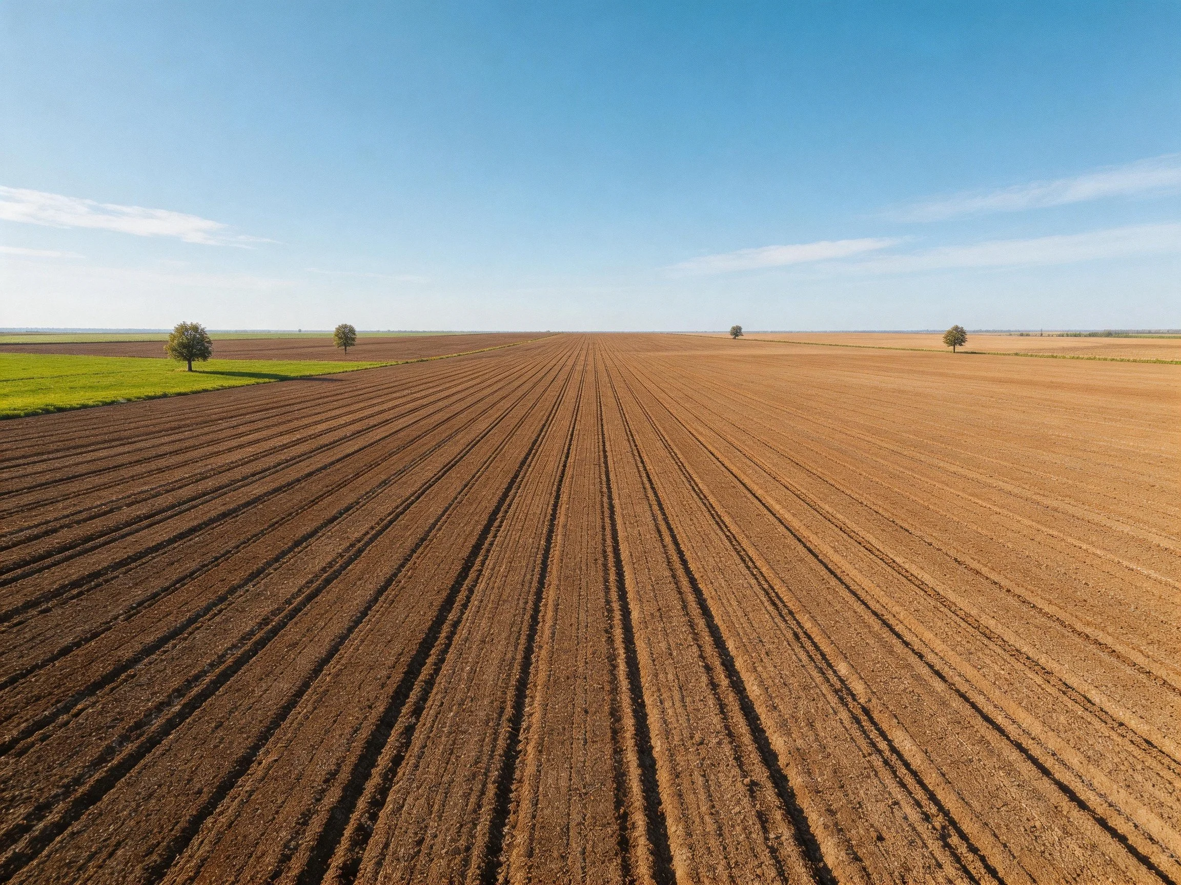 Vast Agricultural Field with Tilled Brown Rows and Scattered Trees