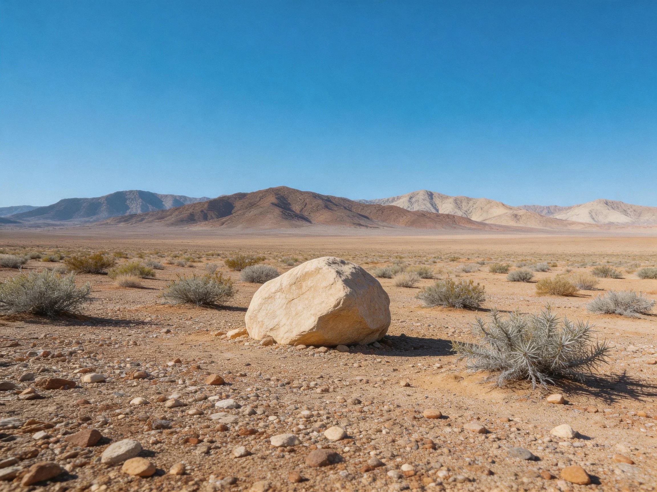 Vast arid desert with central boulder, scattered shrubs, distant mountains