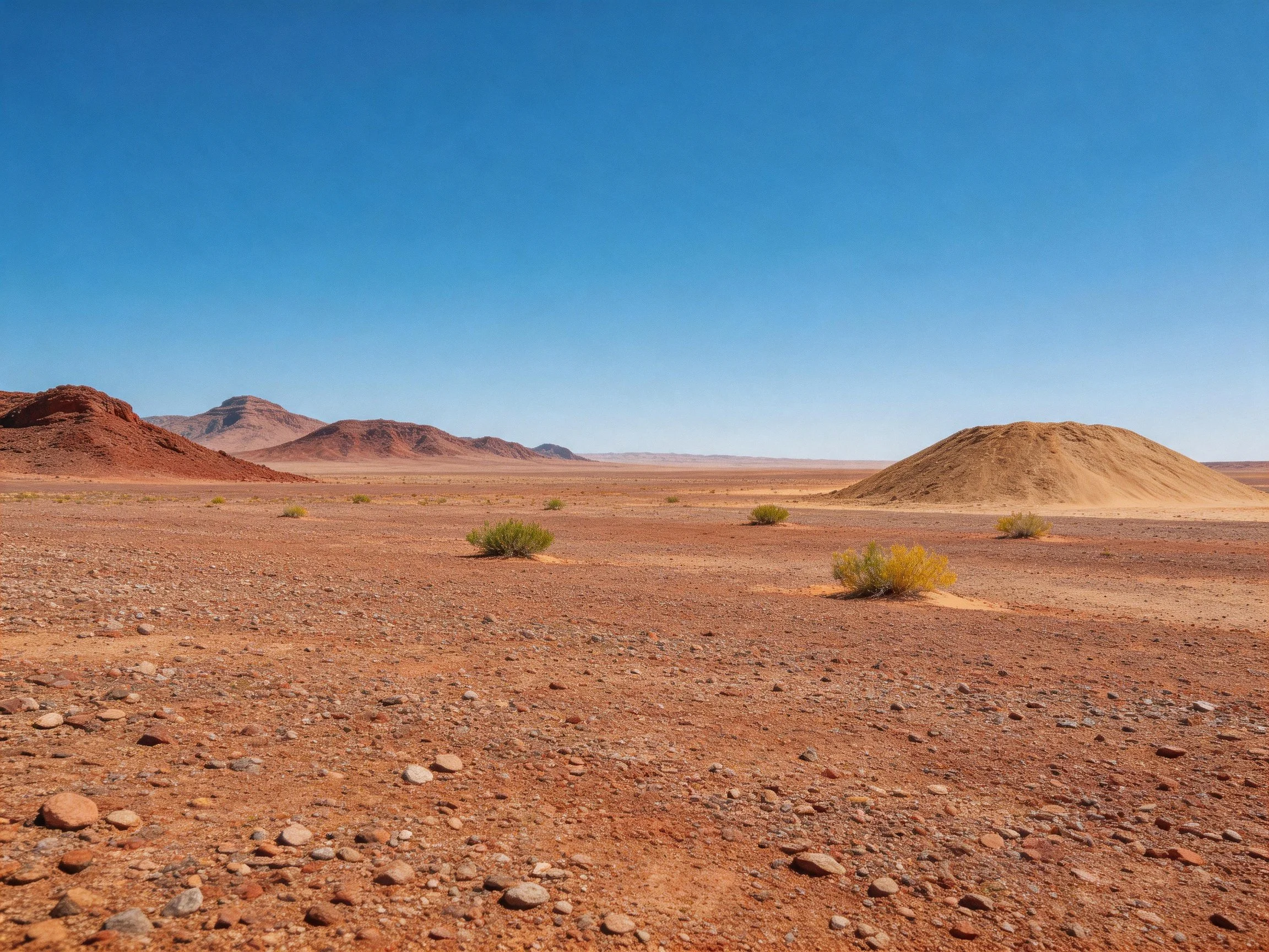 Vast arid desert with reddish earth and sandy mounds