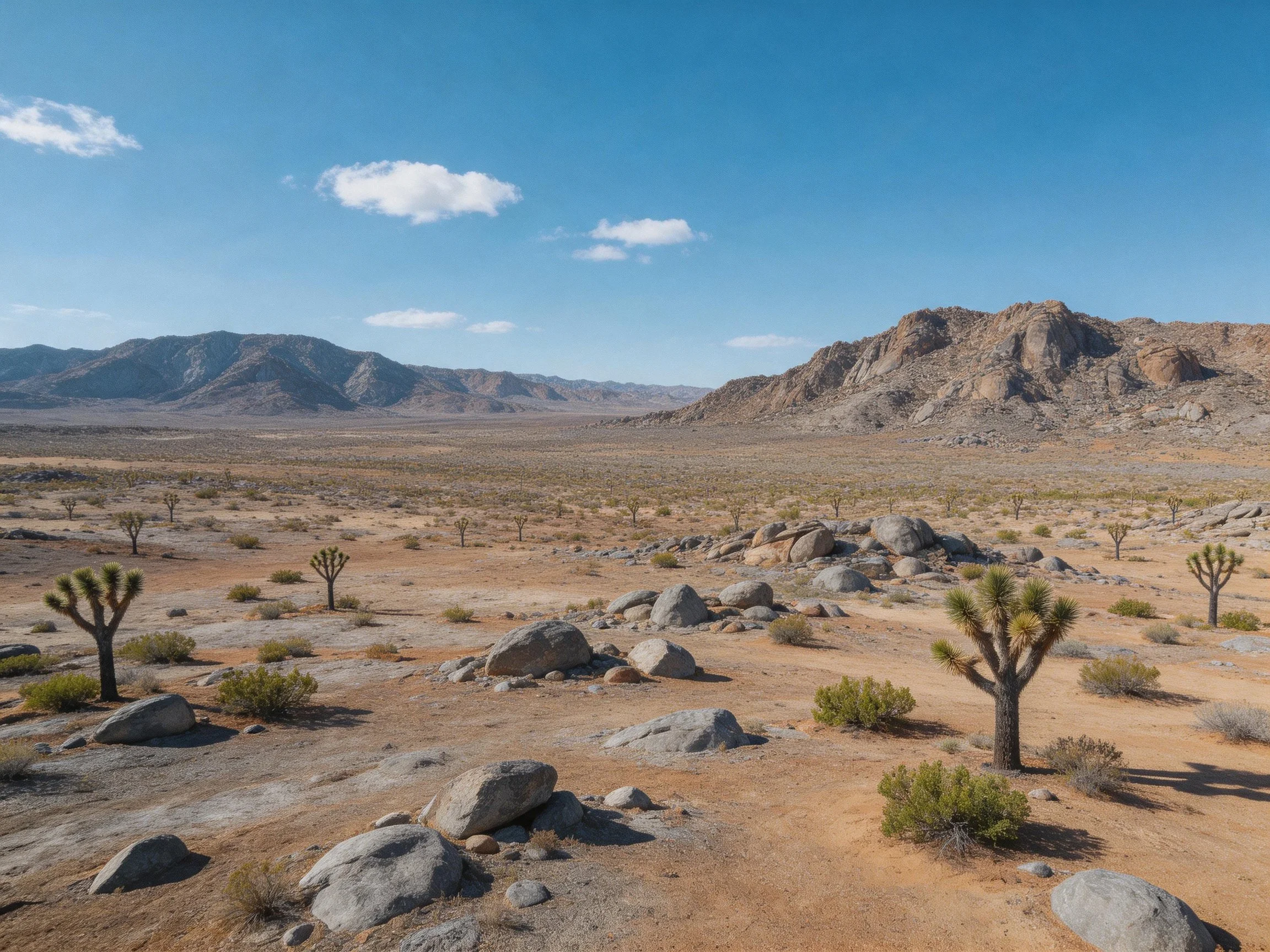 Vast desert landscape with Joshua trees, rocks, and mountain backdrop