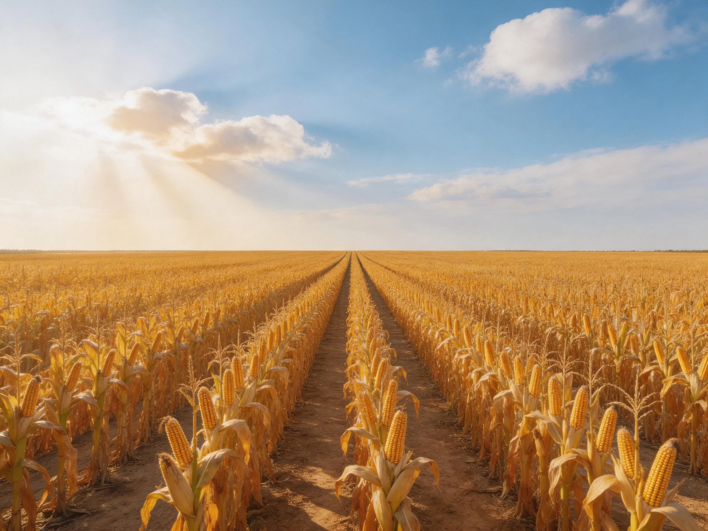 Vast golden cornfield stretches under bright blue sky with sunlight