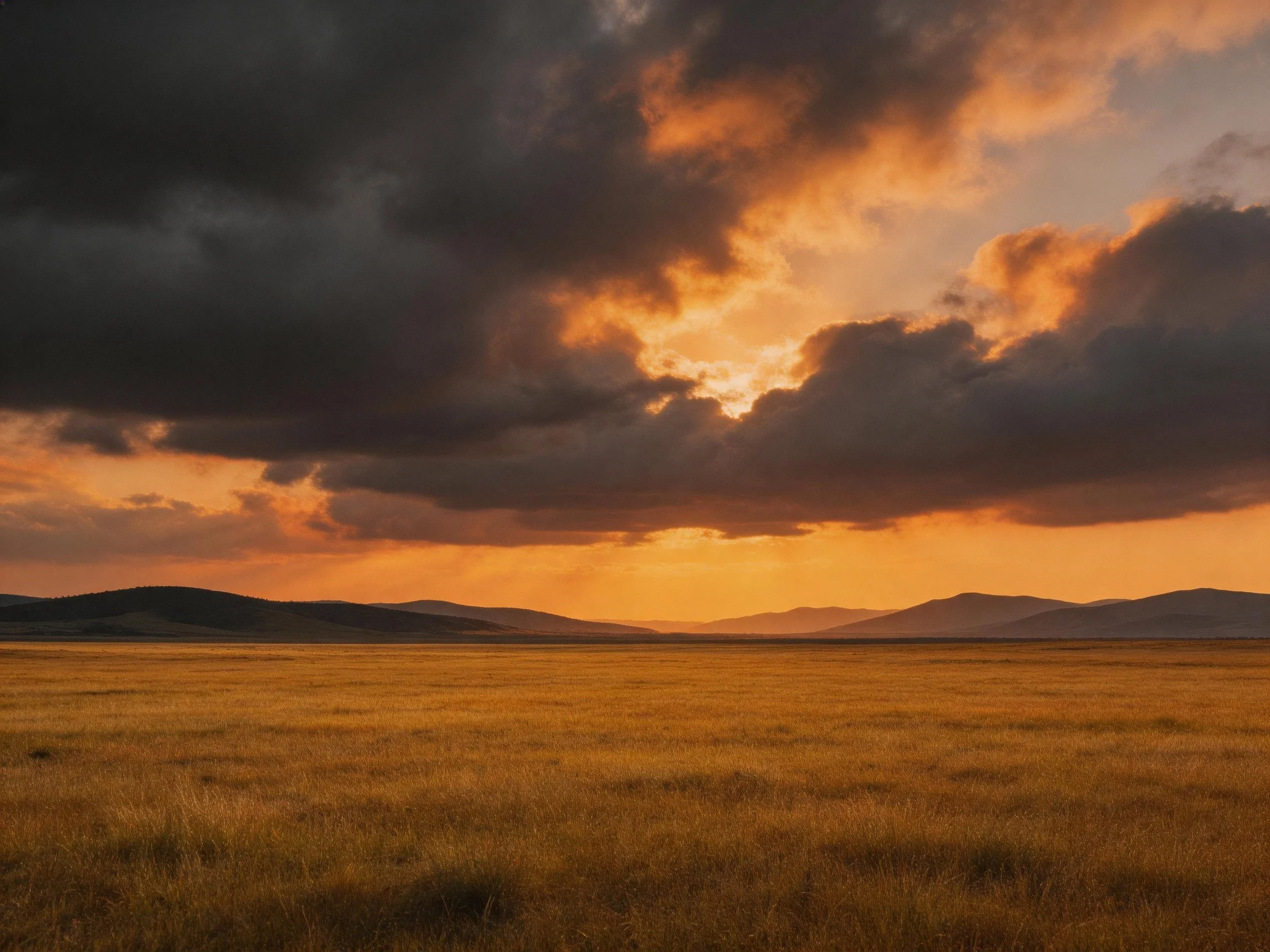 Vast golden field beneath dramatic sunset with dark clouds