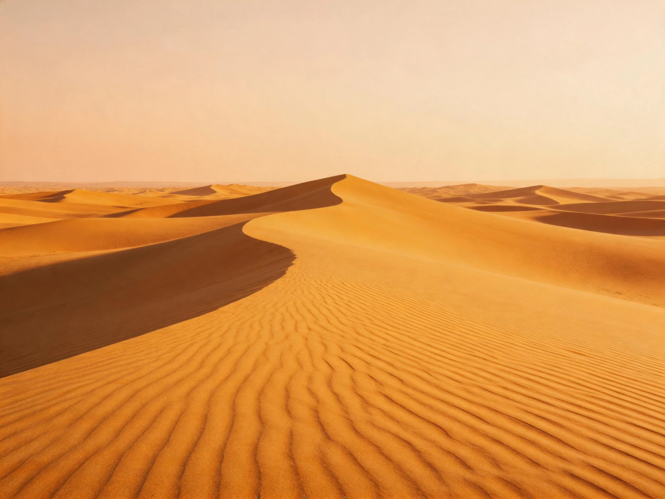 Vast golden sand dunes cover expansive desert terrain under hazy sky