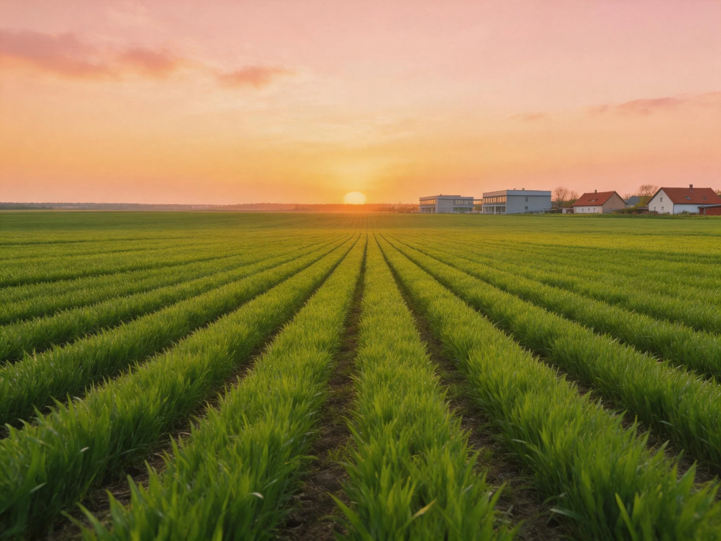 Vast green crop field at sunset near rural homes
