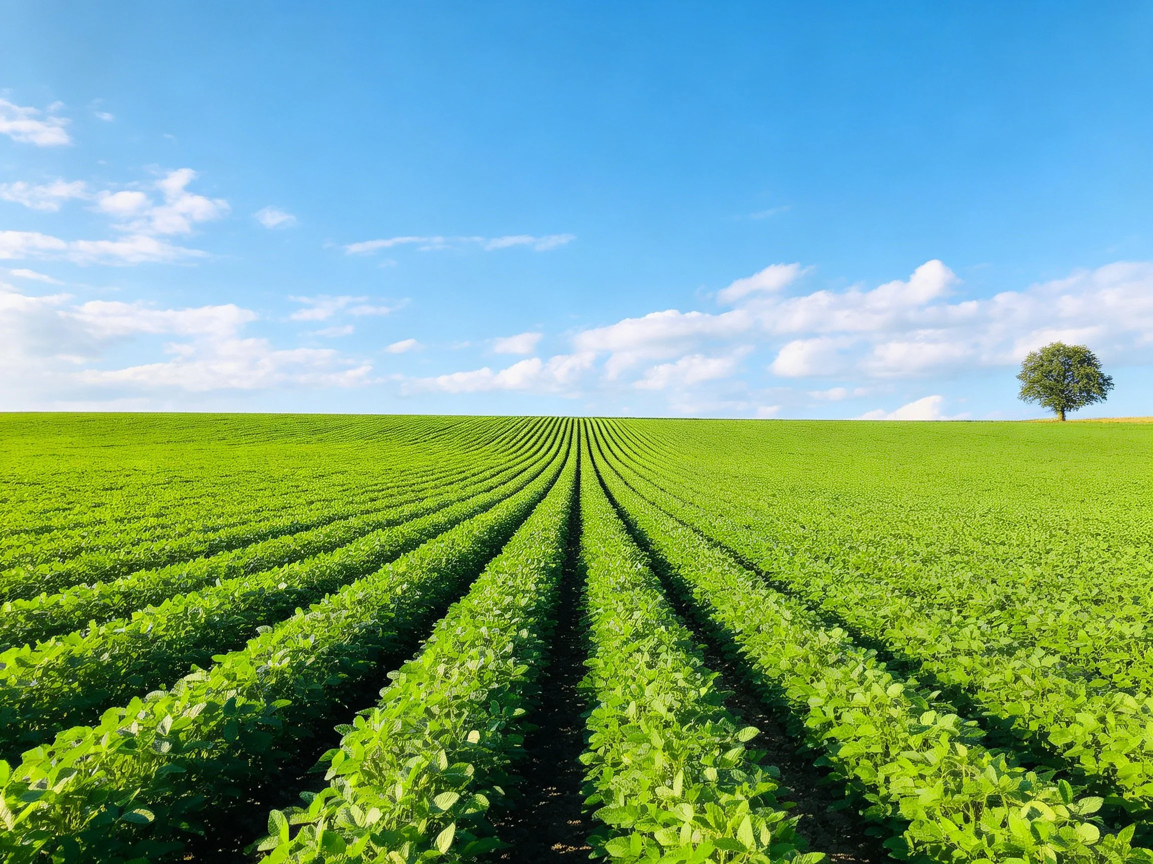 Vast green crop rows with a single tree under clear blue sky