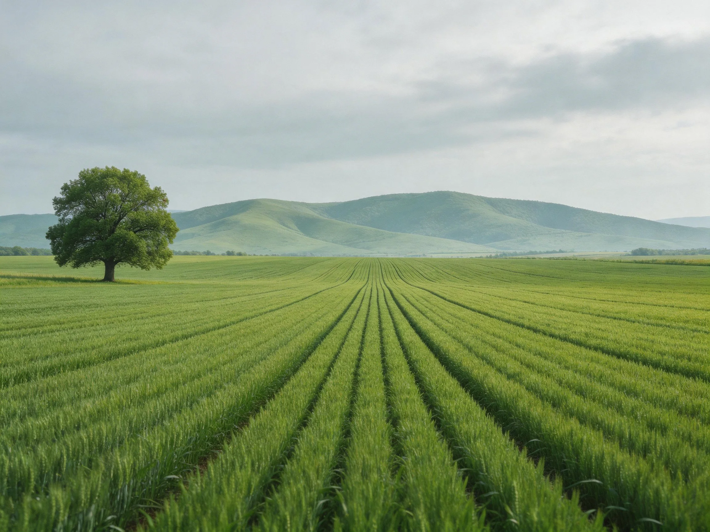 Vast green farmland, a single tree, rolling green hills
