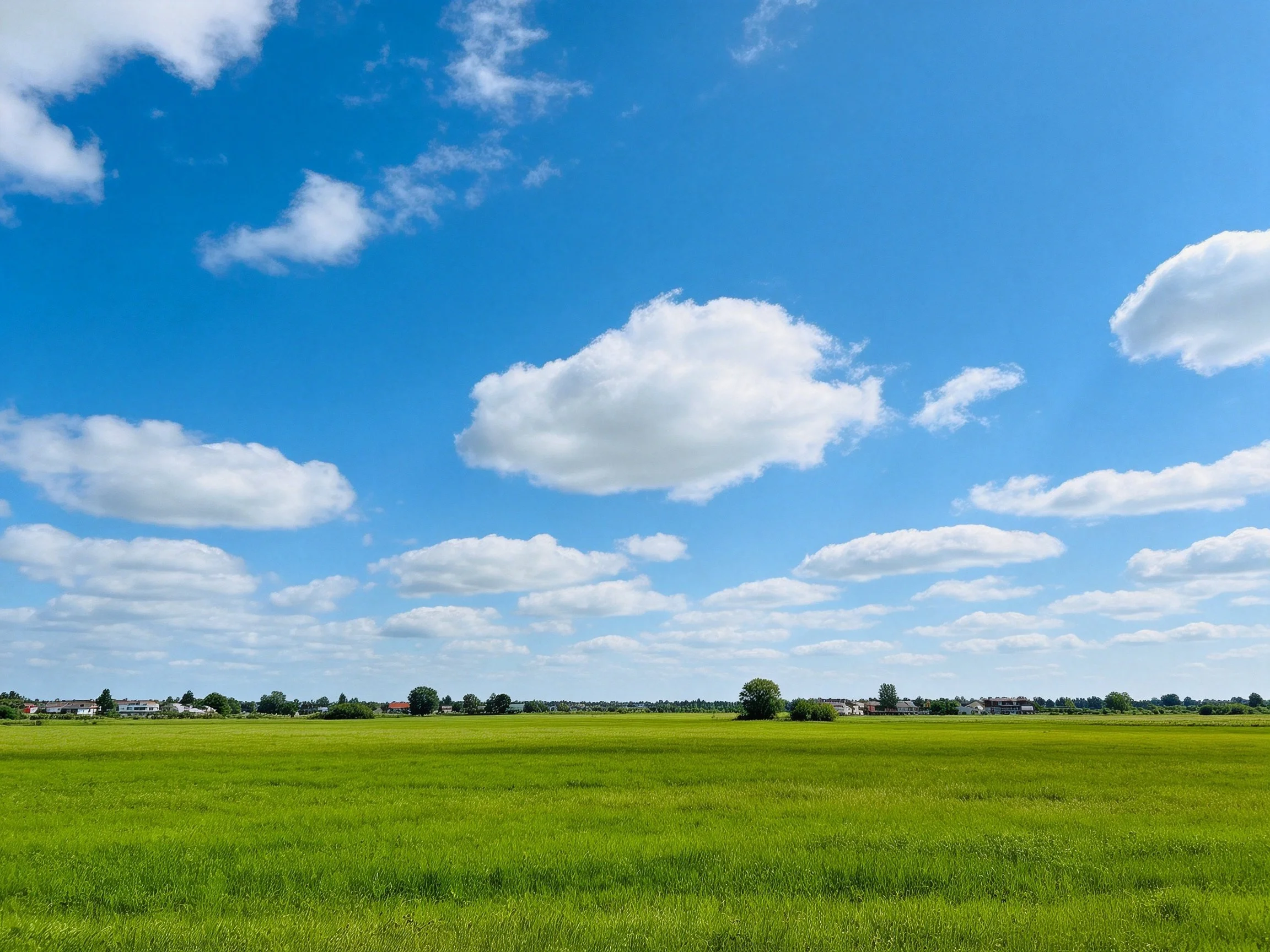 Vast green field under bright blue sky with scattered fluffy clouds