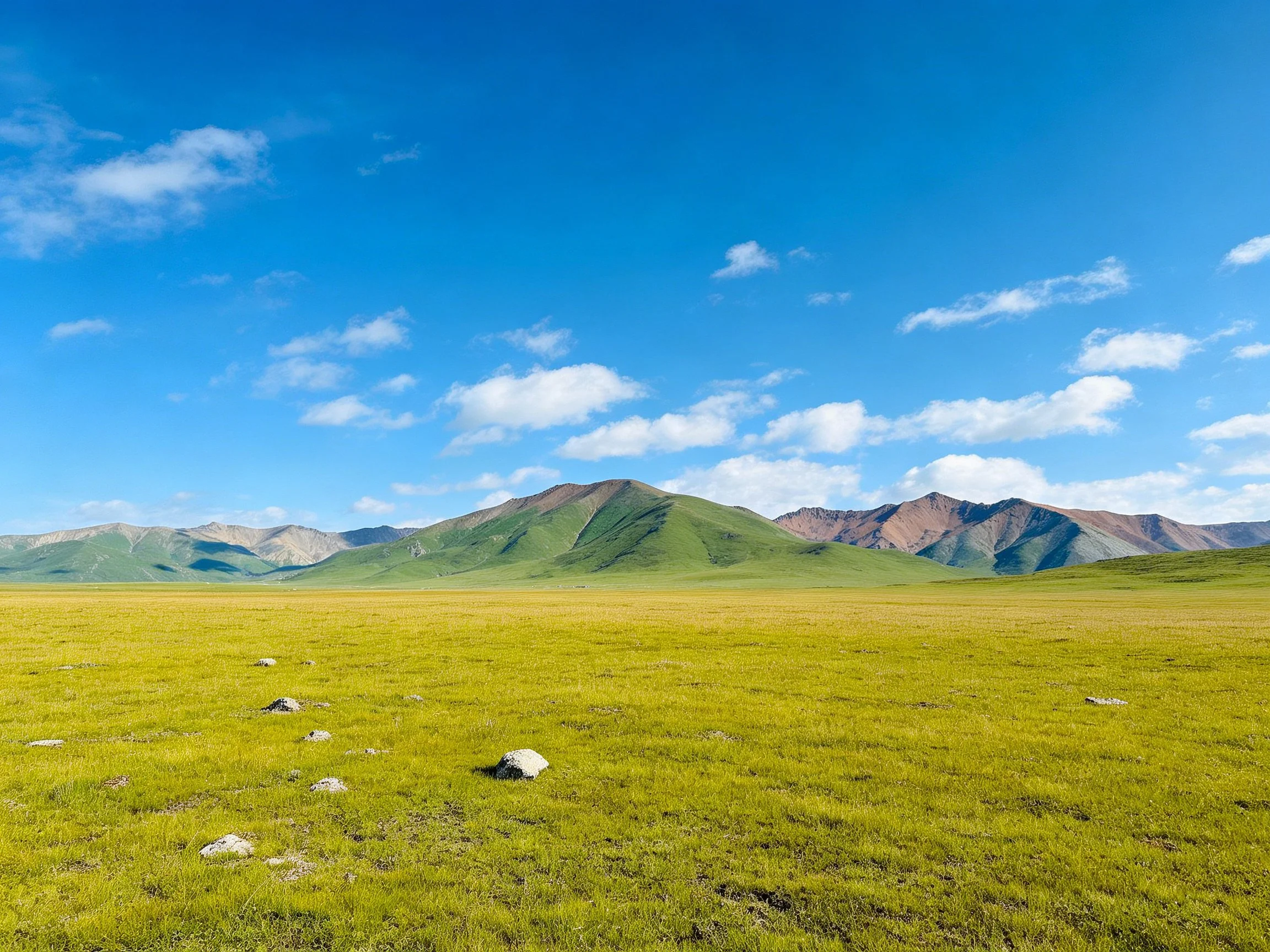 Vast green meadow, scattered rocks, and colorful mountains