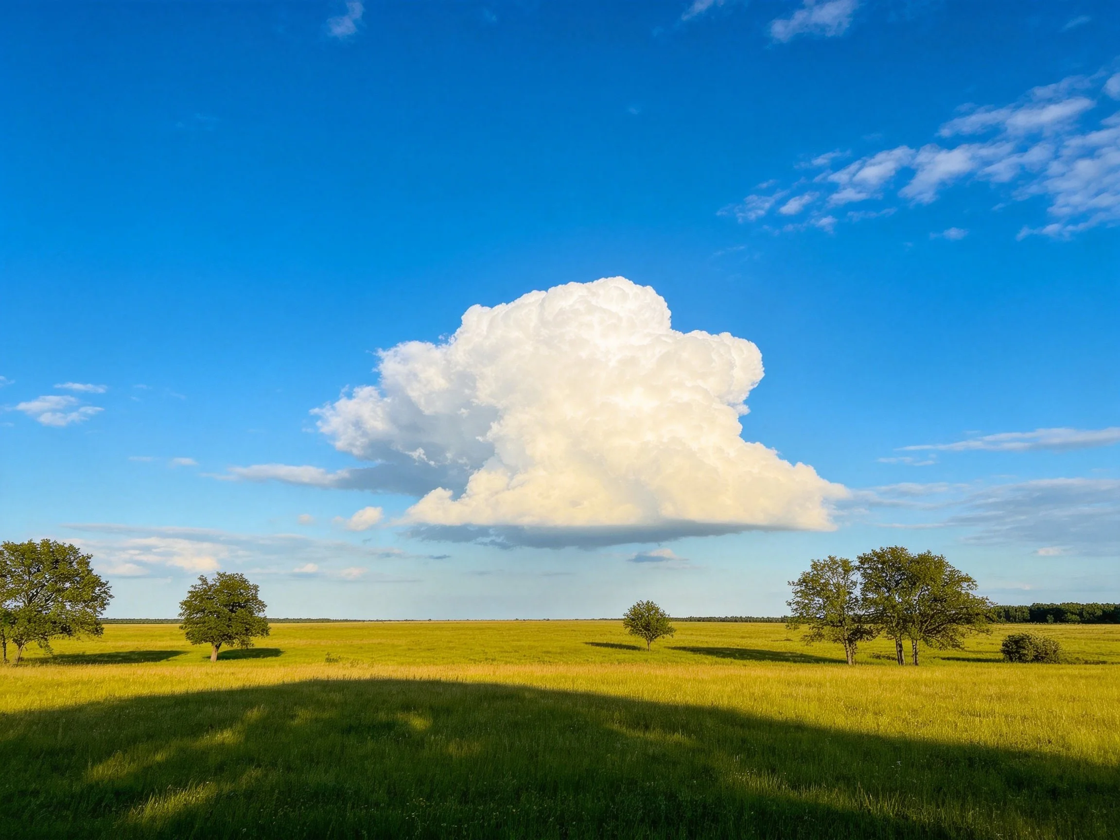Vast green meadow with scattered trees under bright blue sky and large white cloud