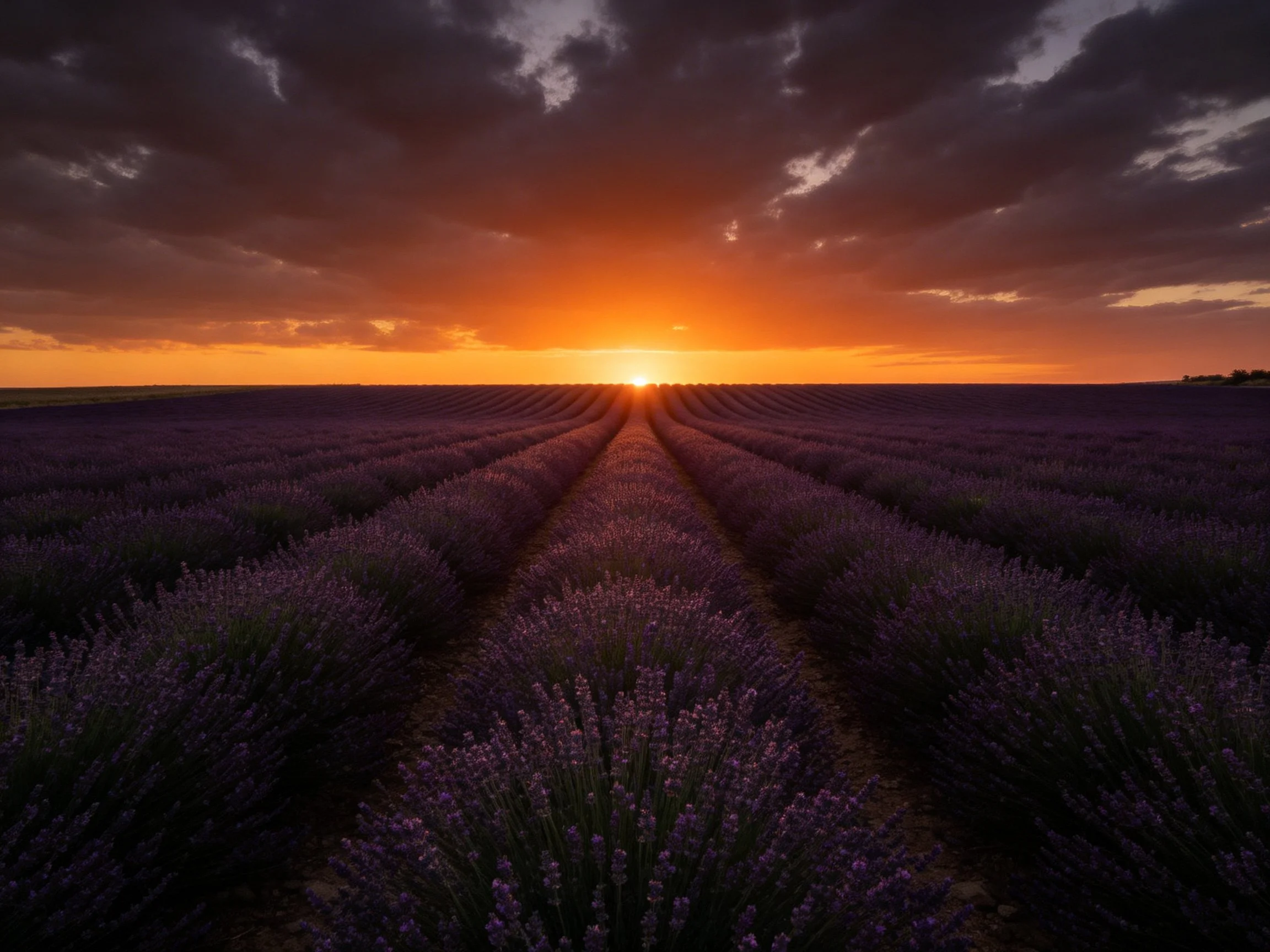 Vast lavender field at sunset with purple rows and dramatic sky