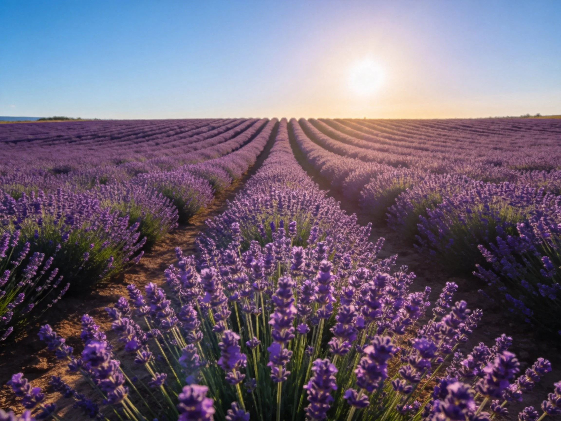 Vast lavender field bathed in golden sunlight