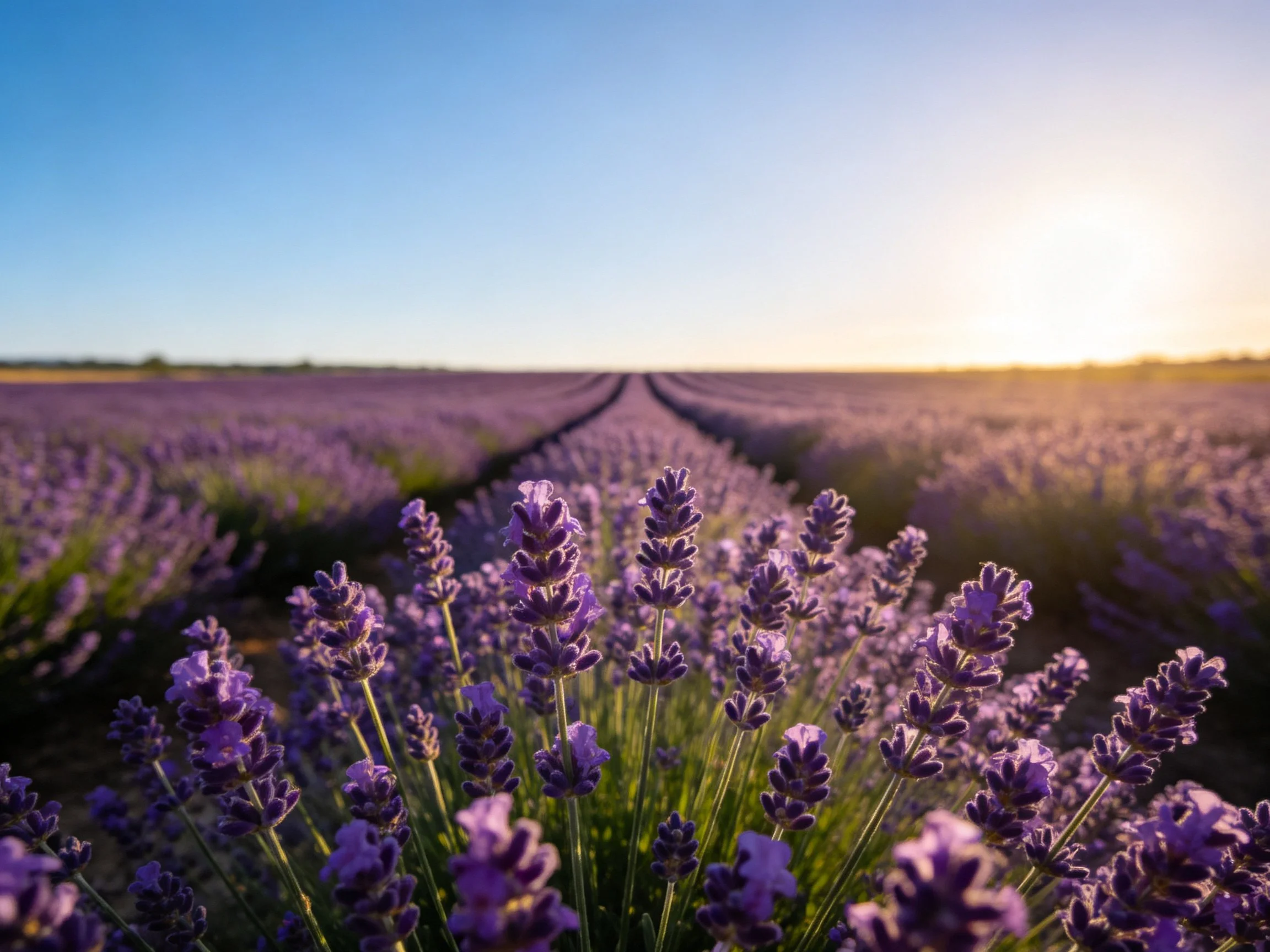 Vast lavender field illuminated by golden sunset