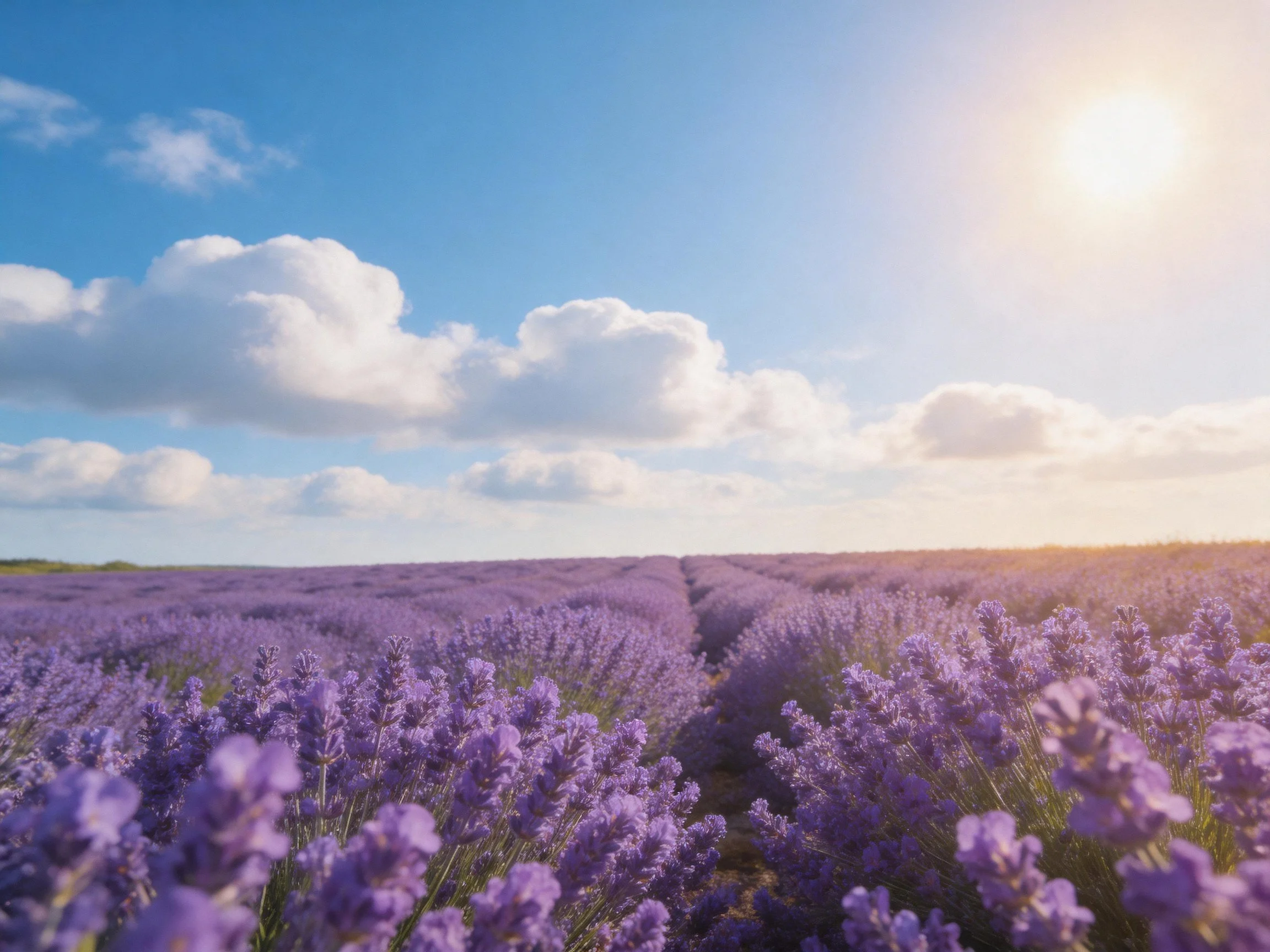Vast lavender field under bright blue sky with golden sunlight