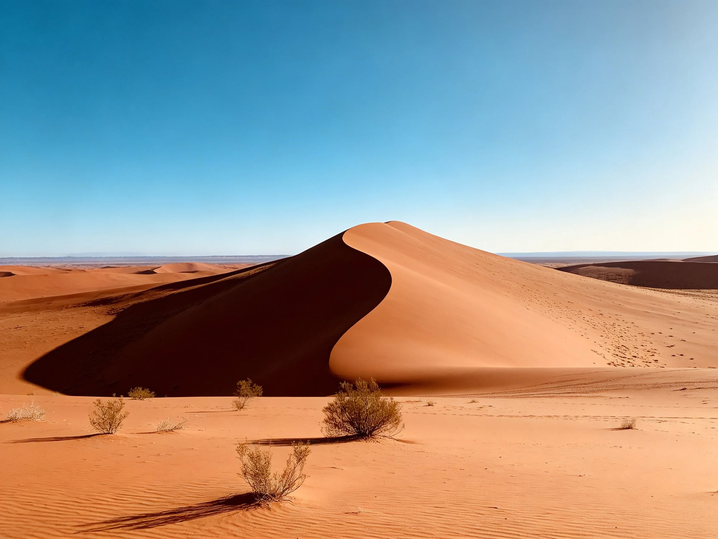 Vast orange sand dunes under a clear blue sky