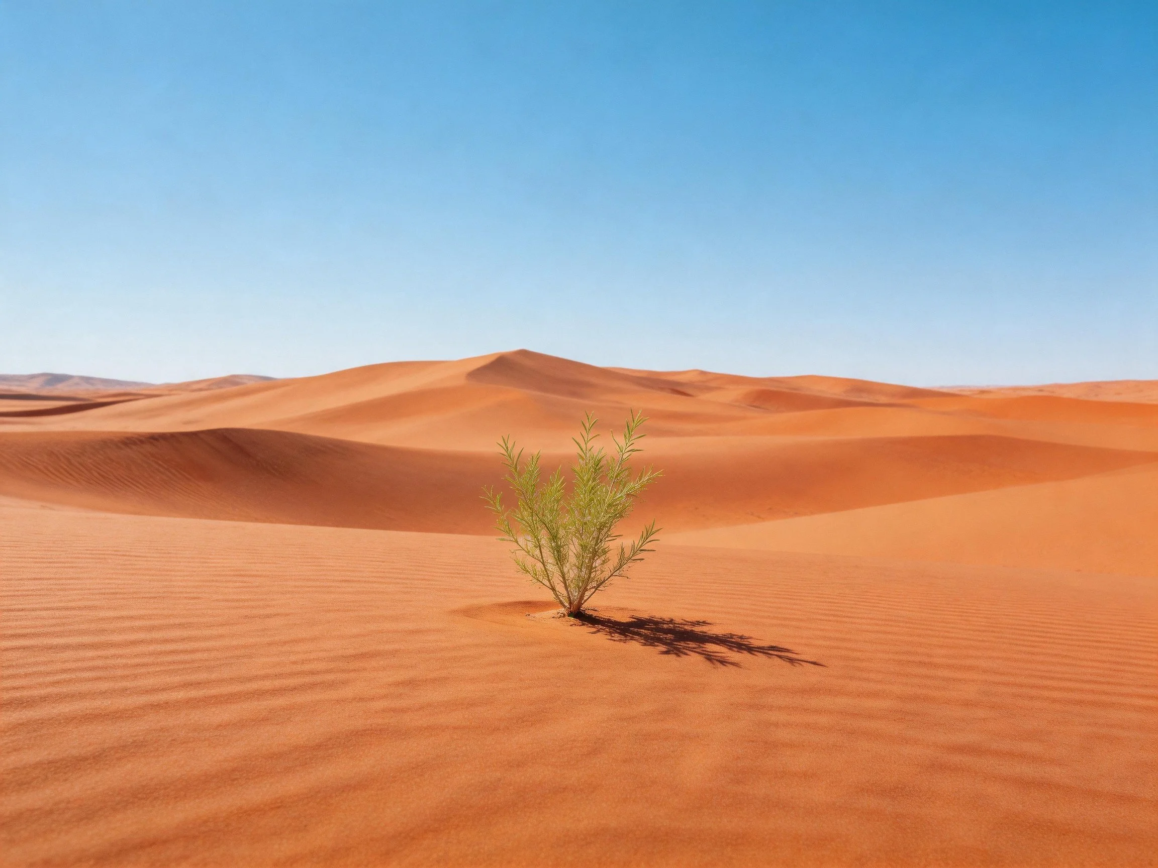 Vast orange sand dunes with a single green shrub under clear blue sky