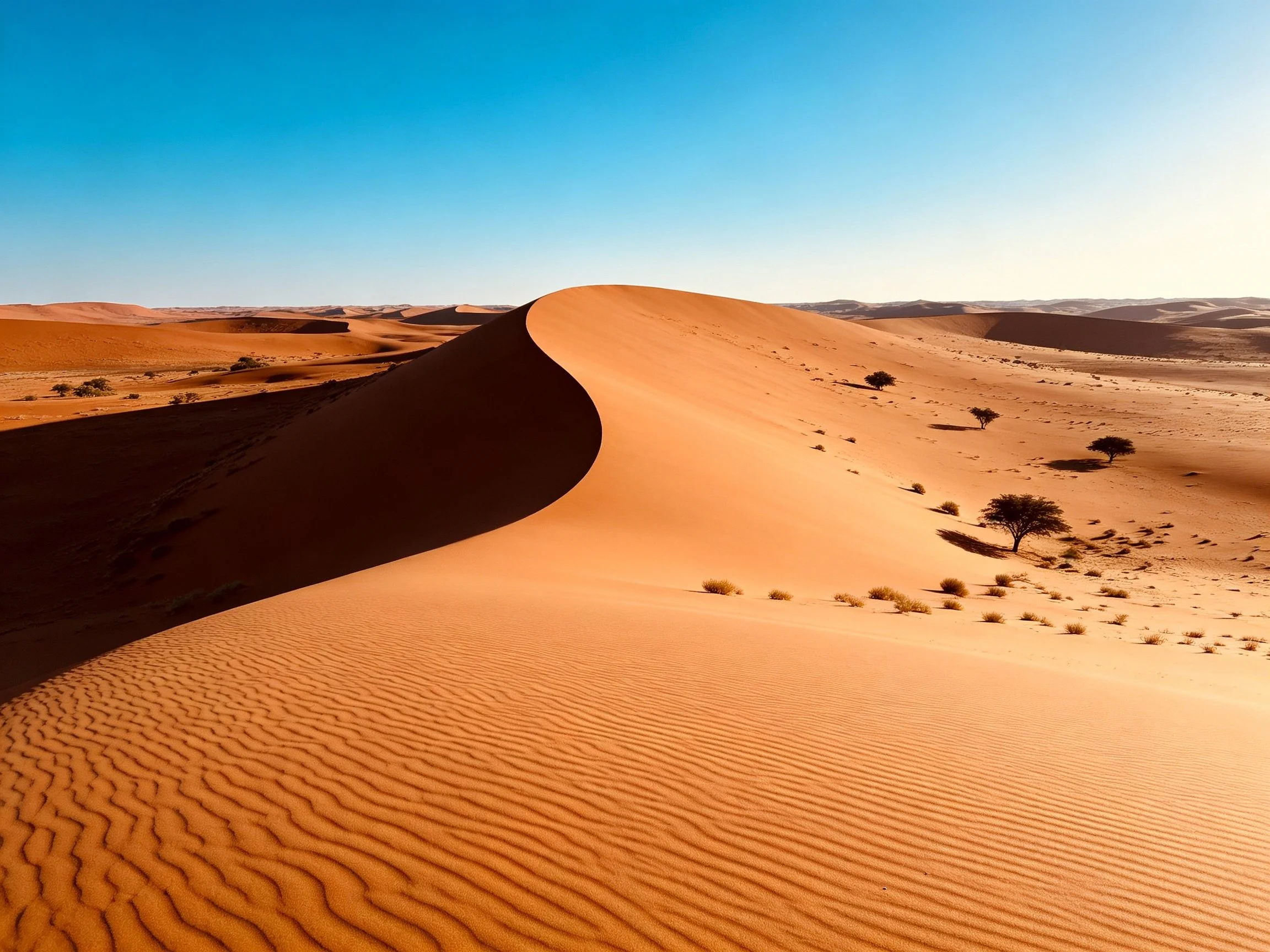 Vast orange sand dunes with scattered trees under clear blue sky
