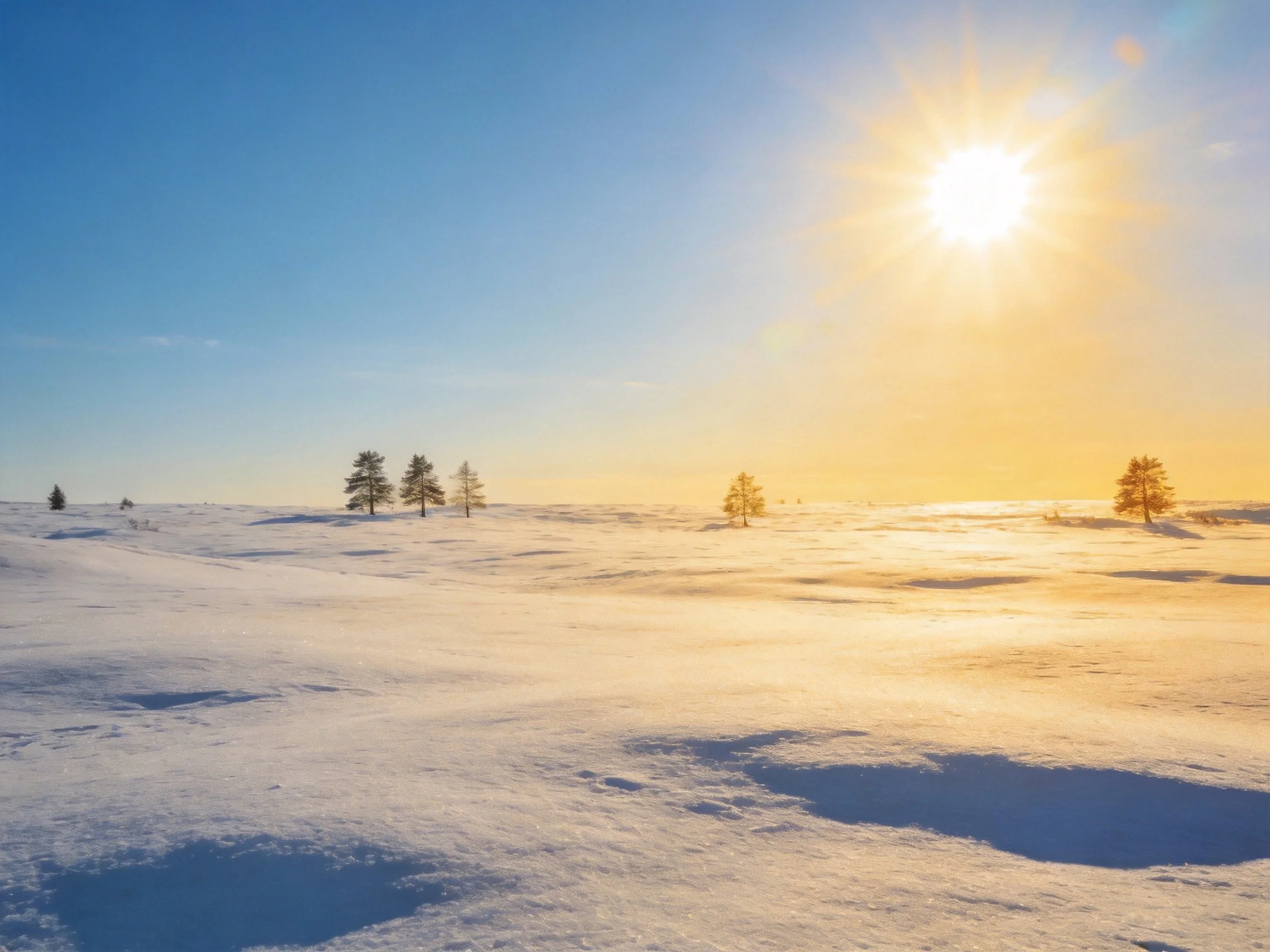 Vast snowy field with scattered pine trees under bright sun