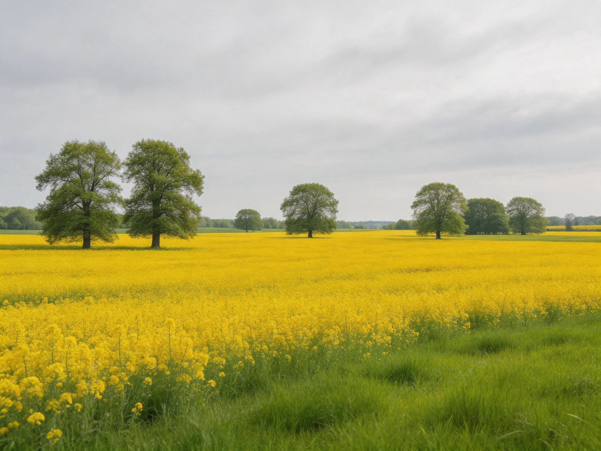 Vast yellow flower field dotted with green trees under overcast sky