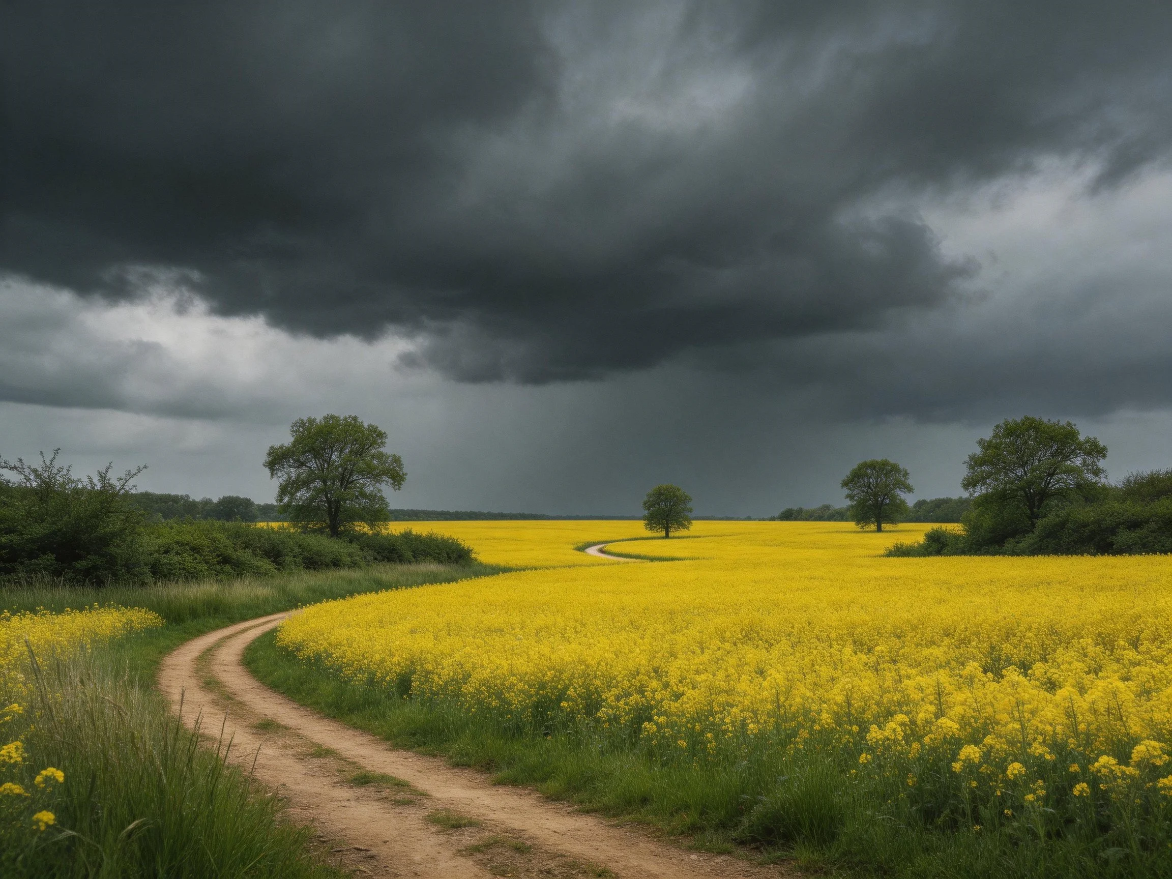 Vast yellow flower field with winding dirt path under dark storm clouds