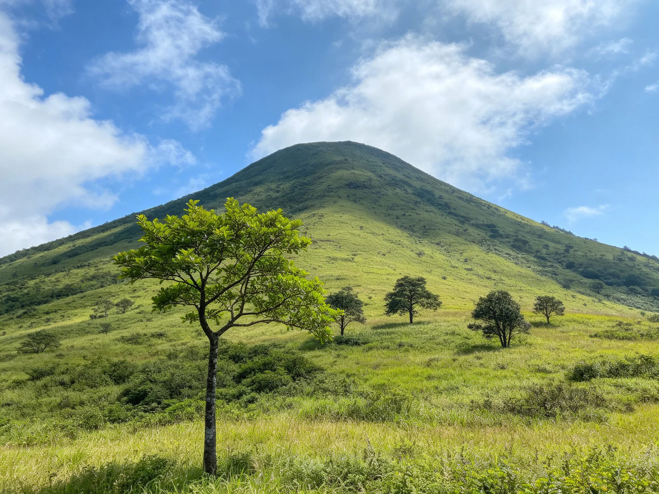 Verdant Hillside with Scattered Trees Under Clear Blue Sky
