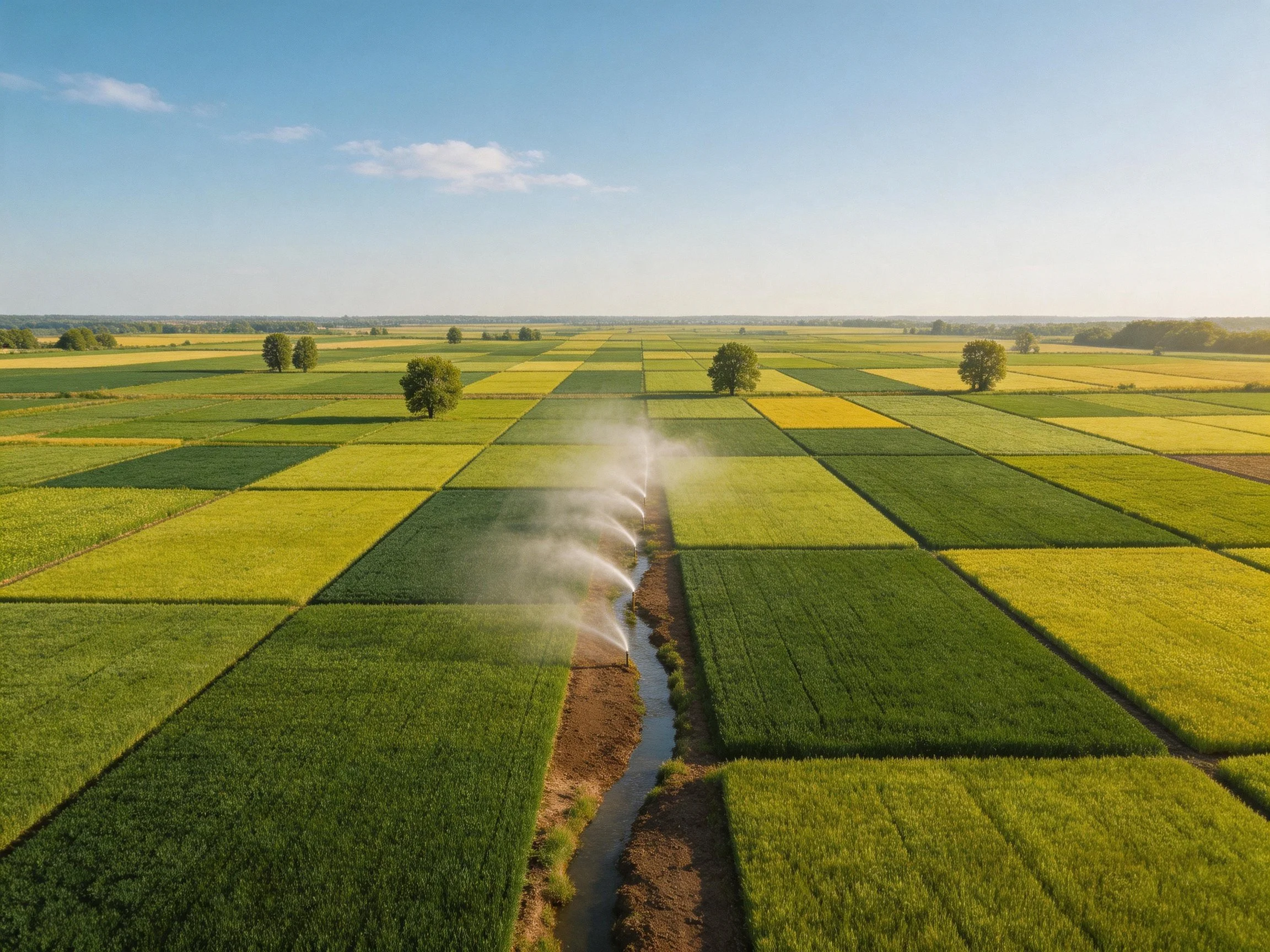 Vibrant Agricultural Fields with Sprinkler Irrigation Systems