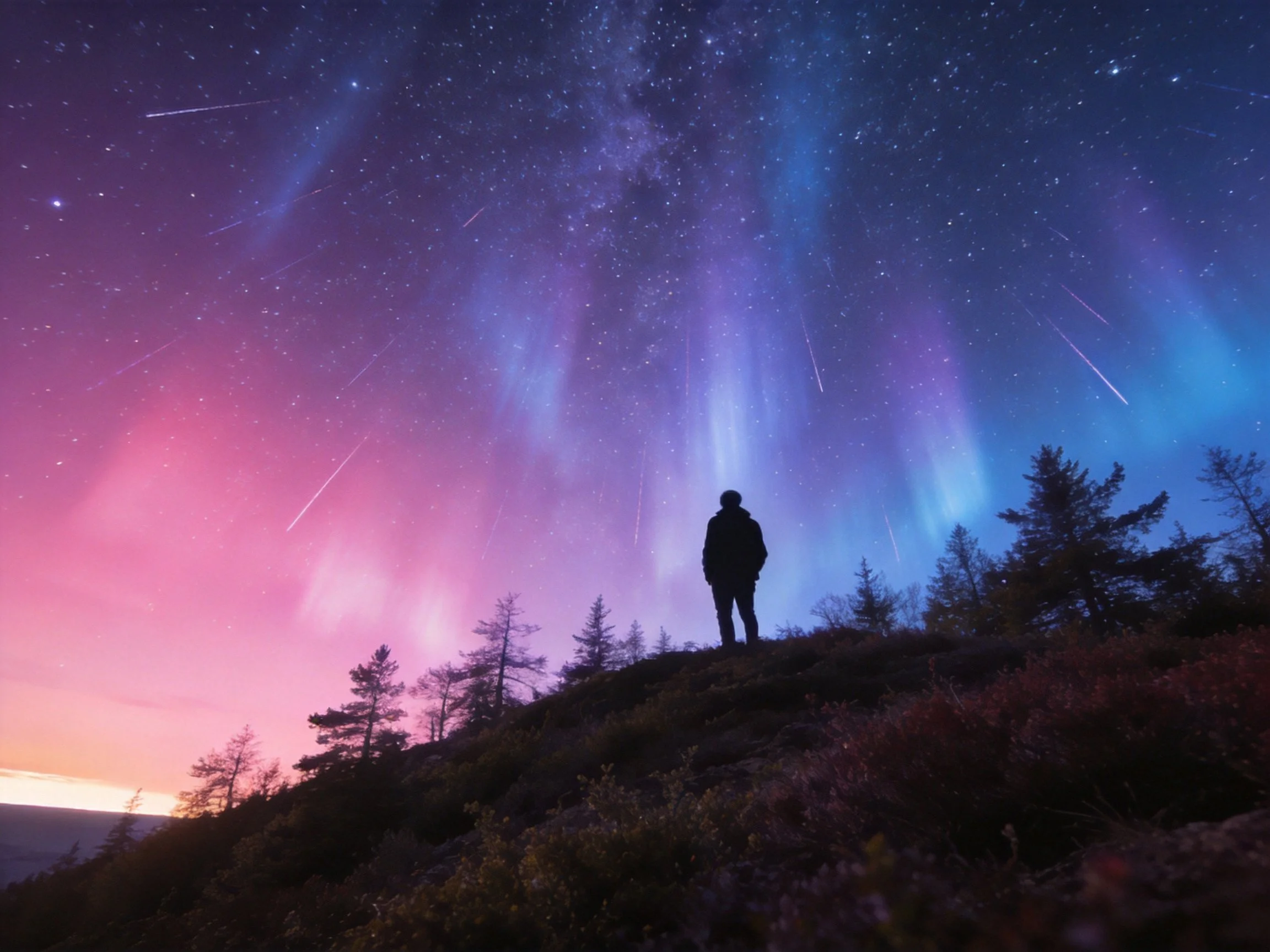 Vibrant Aurora Lights Over Hilltop with Silhouetted Figure