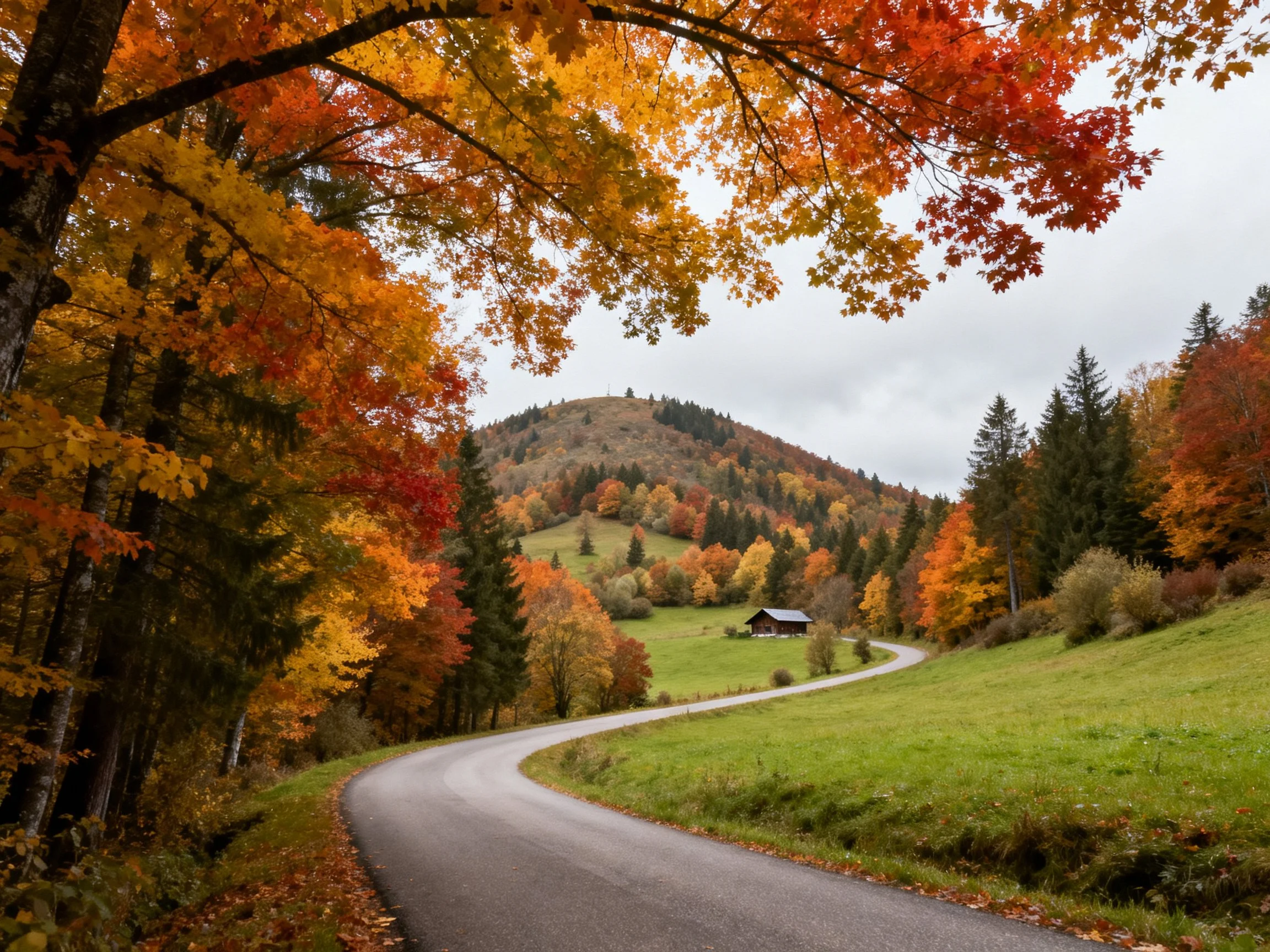 Vibrant Autumn Foliage Along a Curving Mountain Road