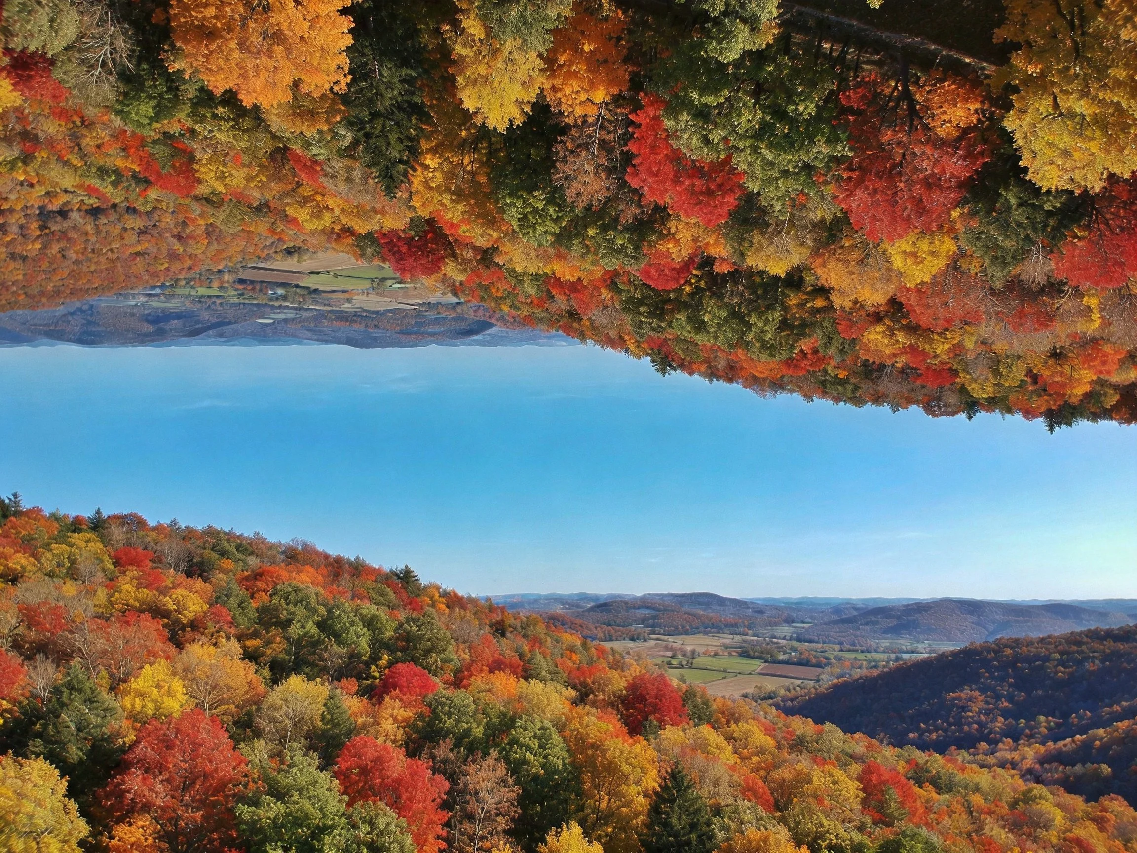 Vibrant Autumn Foliage Overlooking Rolling Hills and Clear Blue Sky