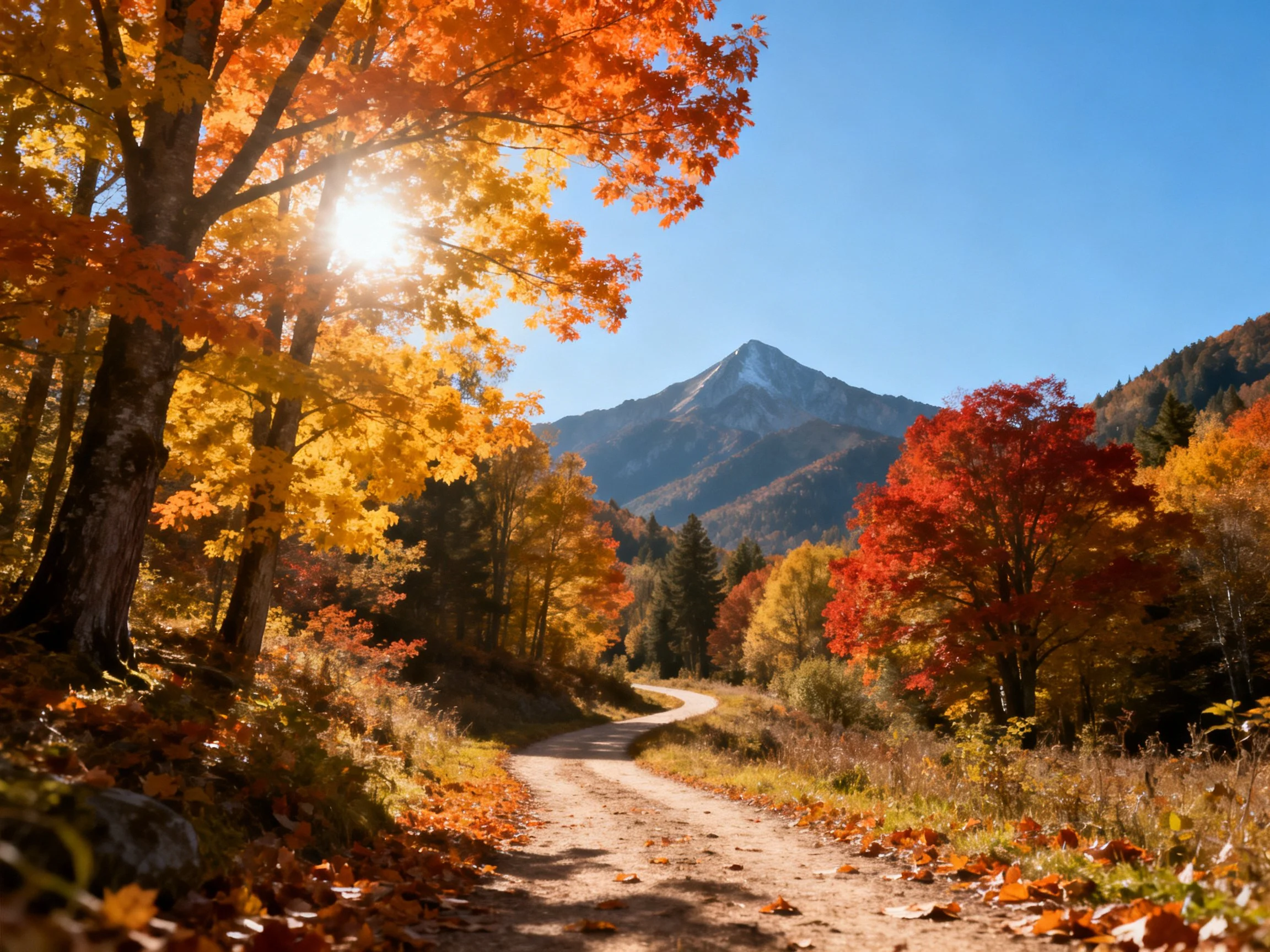 Vibrant Autumn Forest with Winding Dirt Path and Mountain