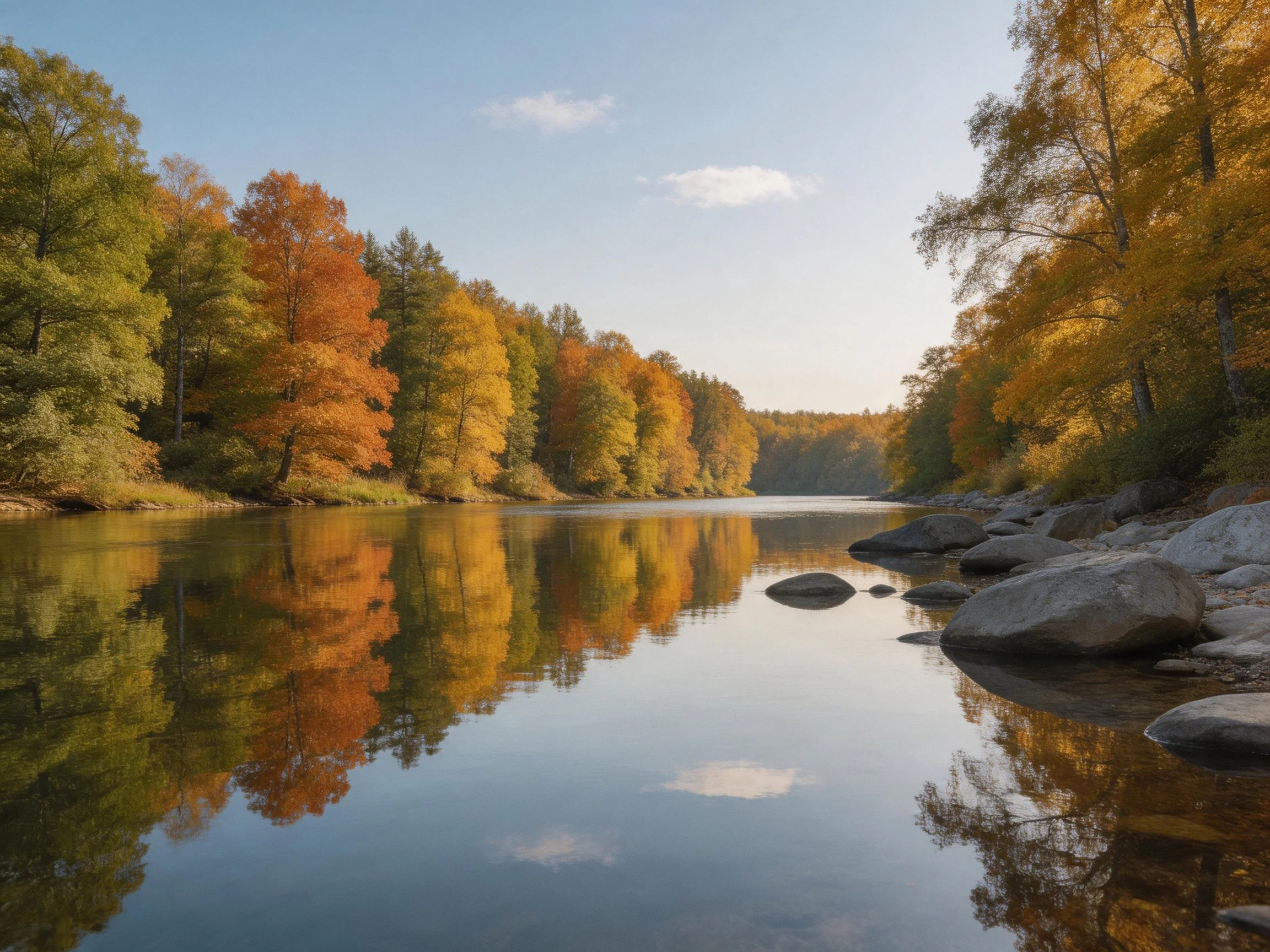 Vibrant Autumn Trees Reflecting in Calm River