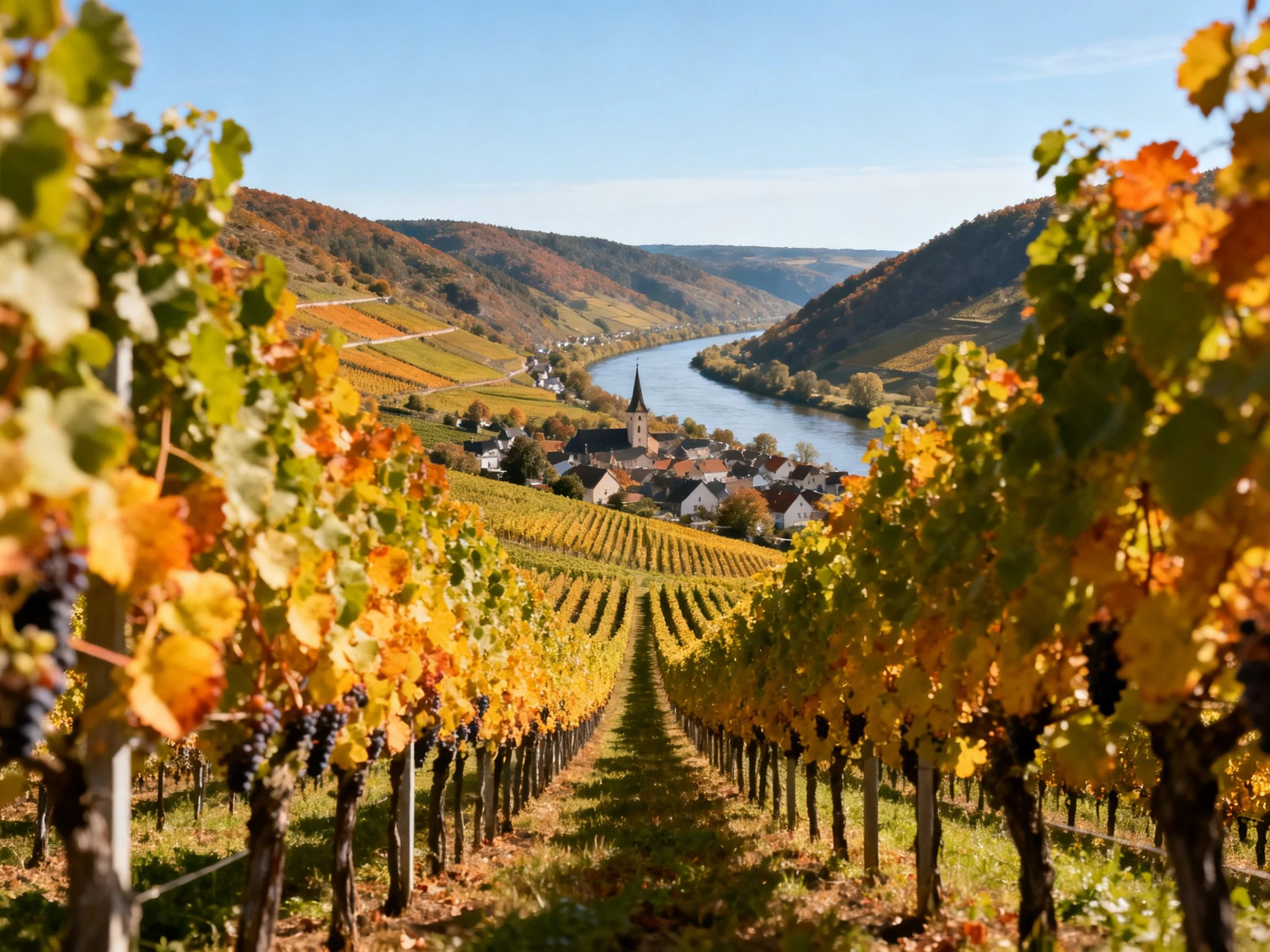 Vibrant Autumn Vineyards with River and Hillside Town