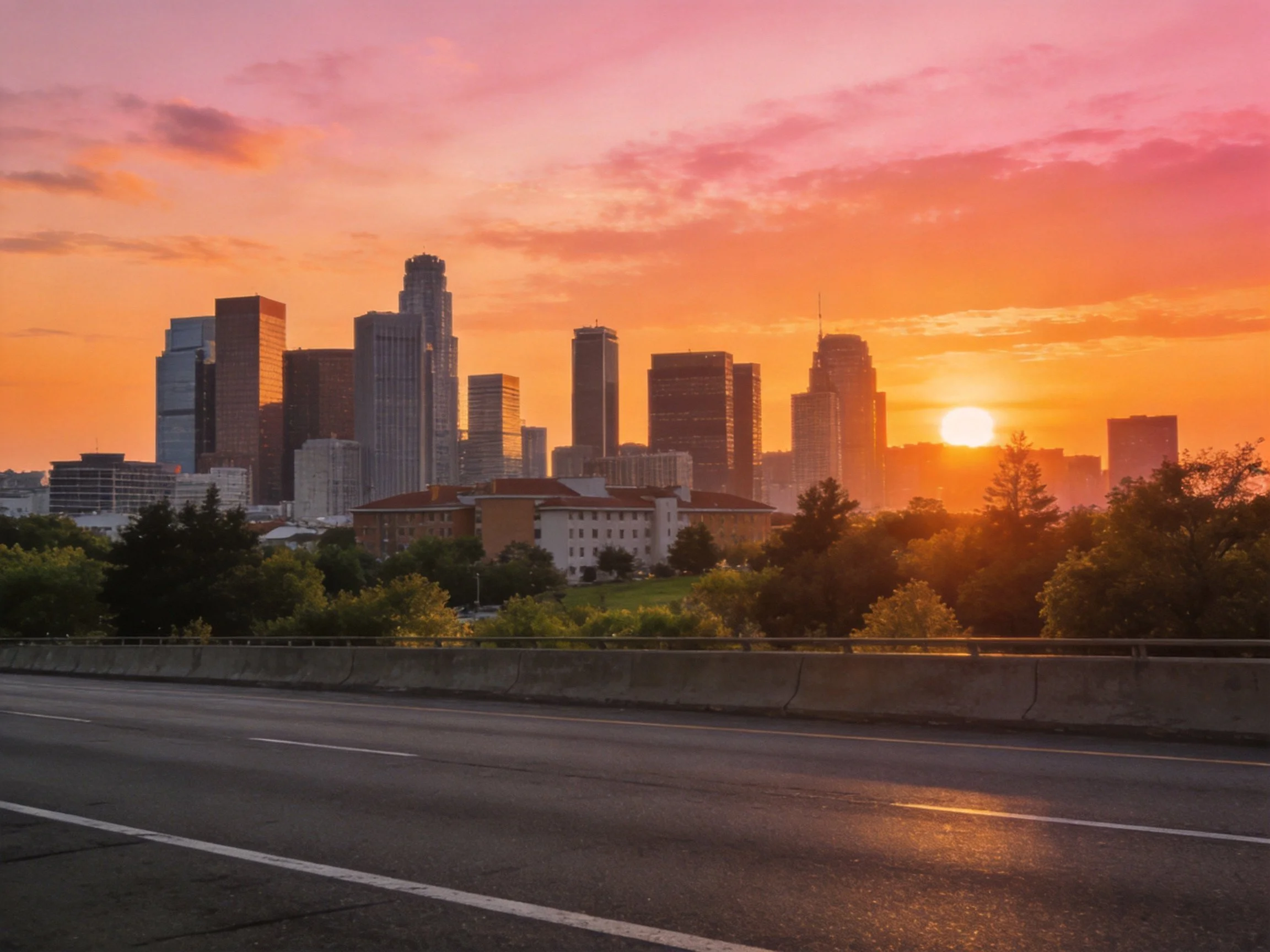 Vibrant City Skyline at Sunset with Highway