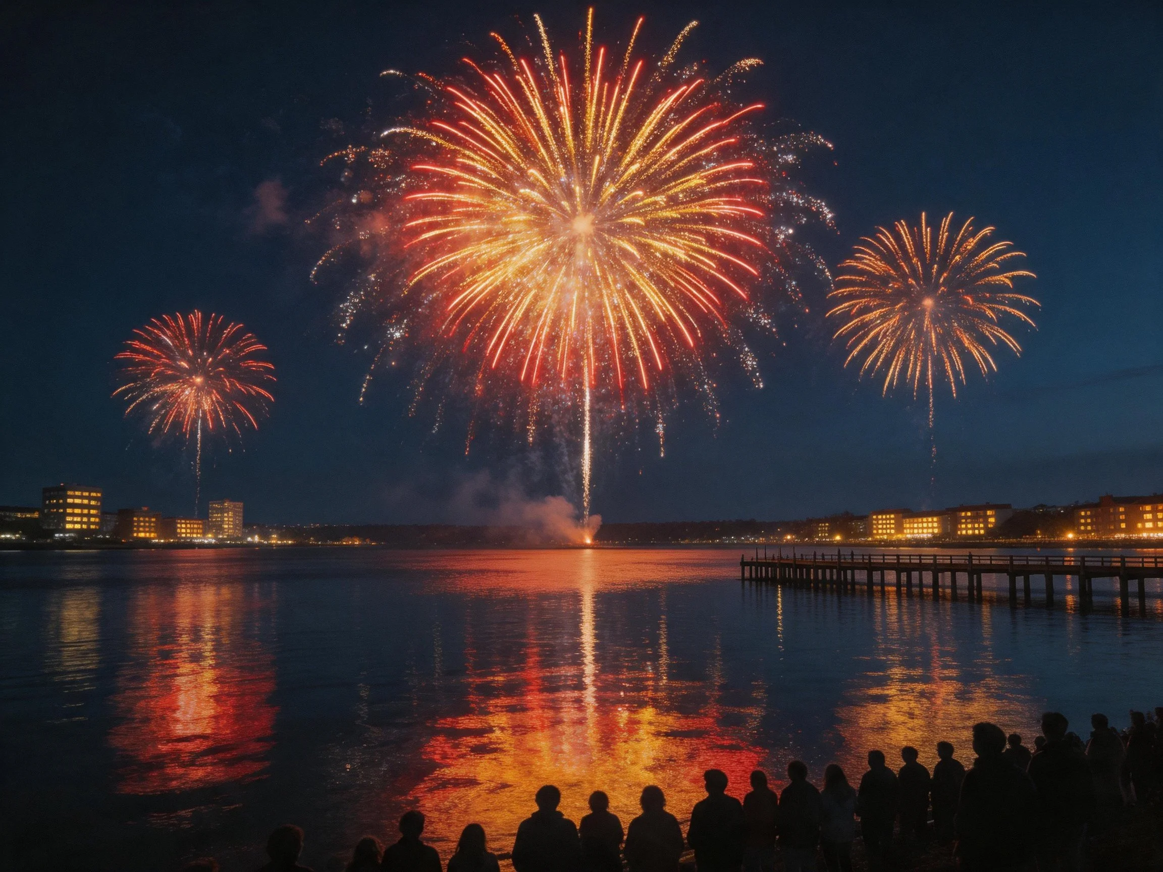 Vibrant Fireworks Display Over Water at Night