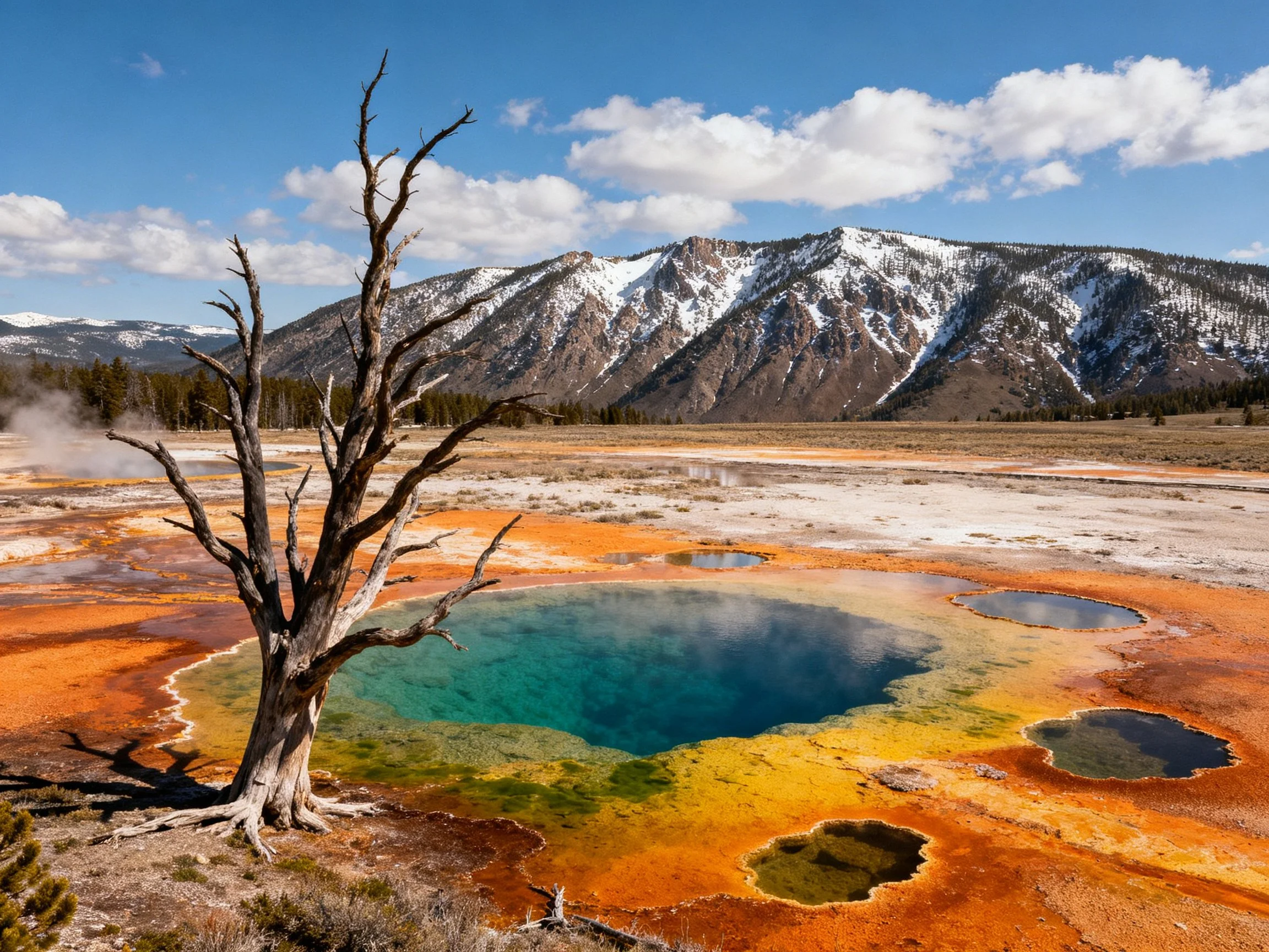 Vibrant Geothermal Pools Near a Dead Tree With Snow-Capped Mountains
