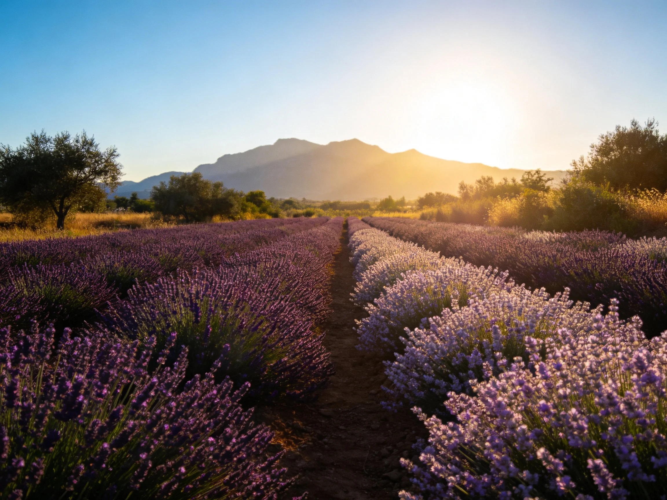 Vibrant Lavender Fields Illuminated by Golden Sunset Near Mountains