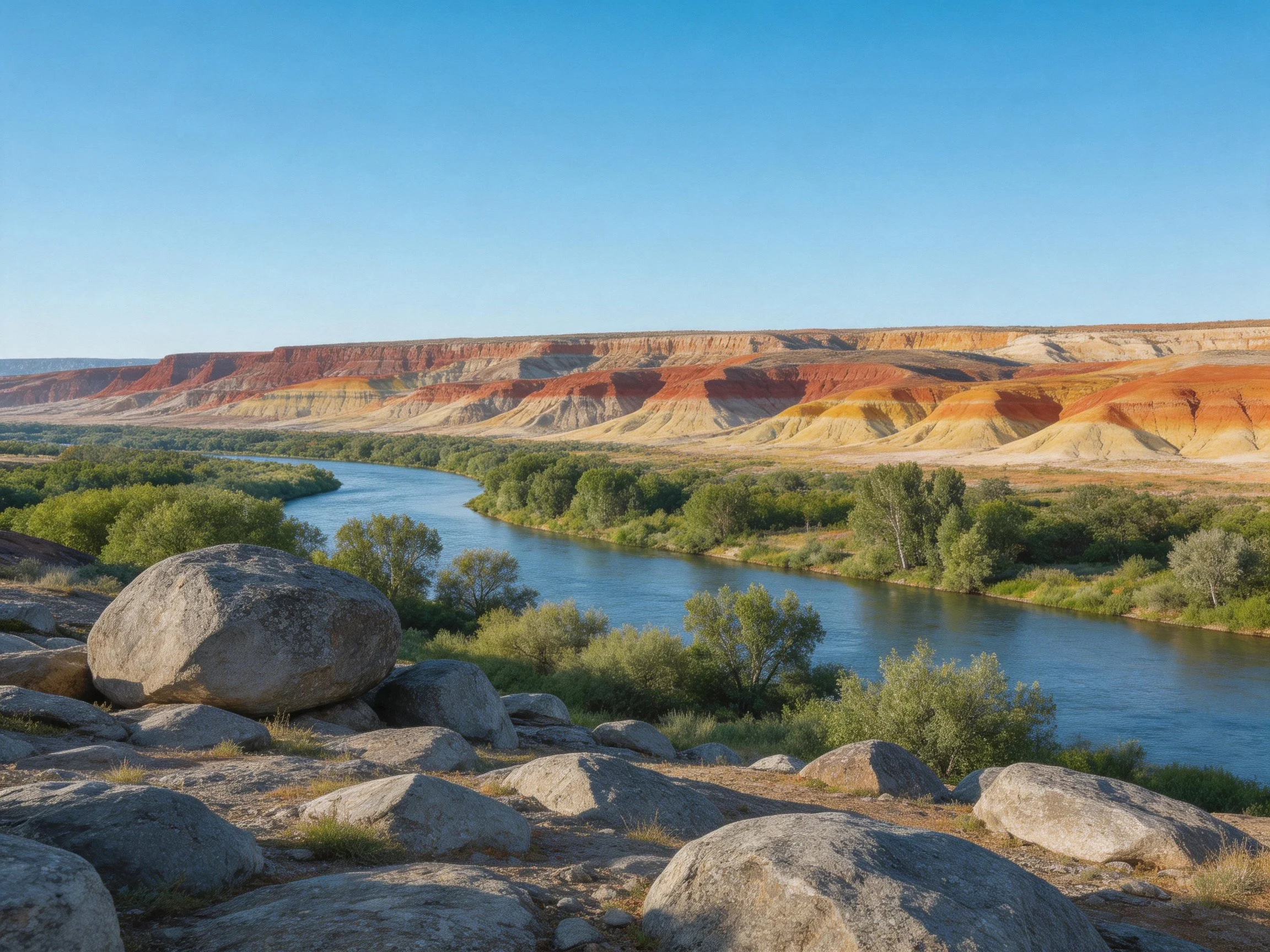 Vibrant LayeredCliffs Over Curving River with Rocky Foreground