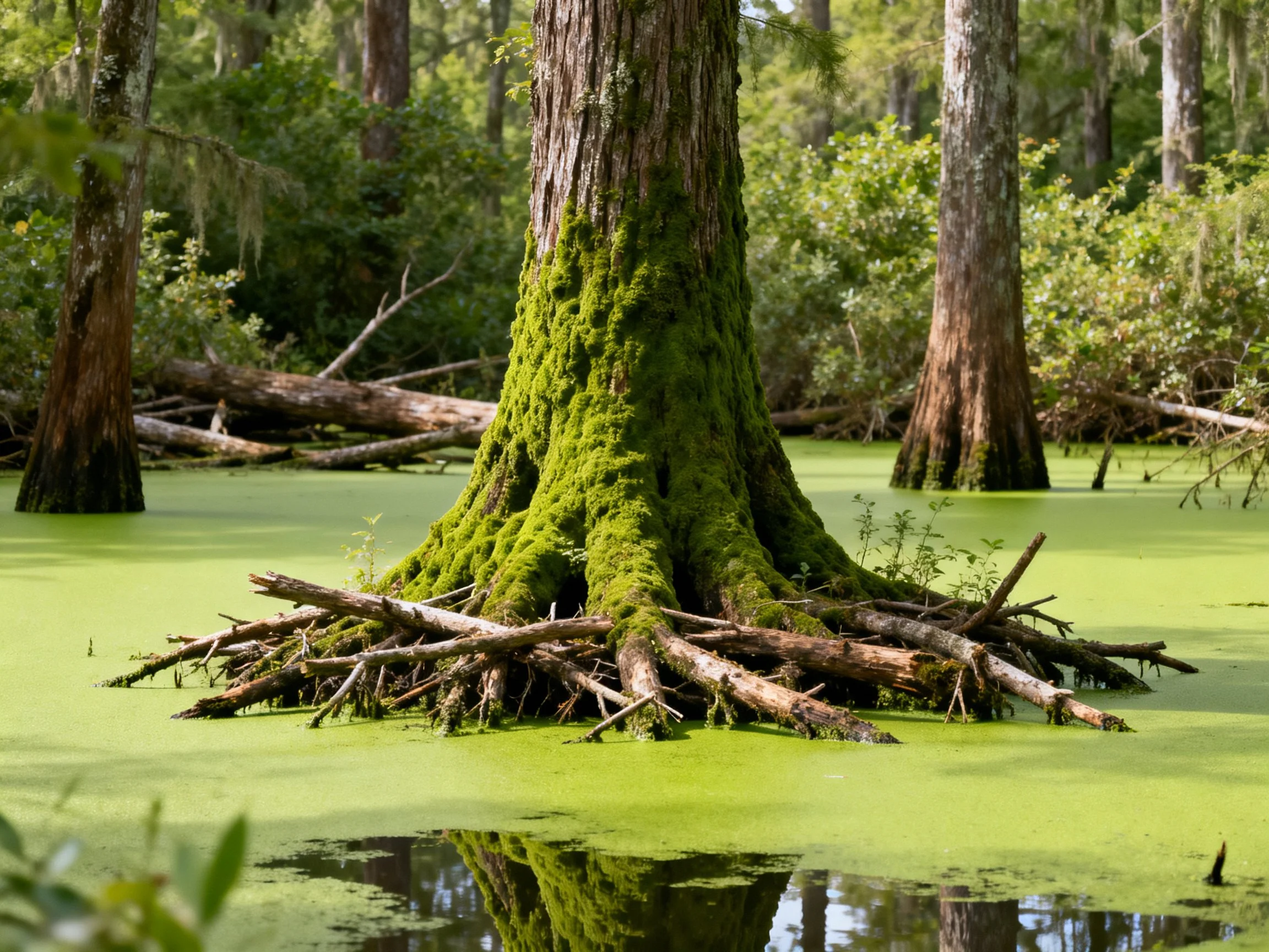 Vibrant Moss-Covered Tree in a Green Swampland Ecosystem