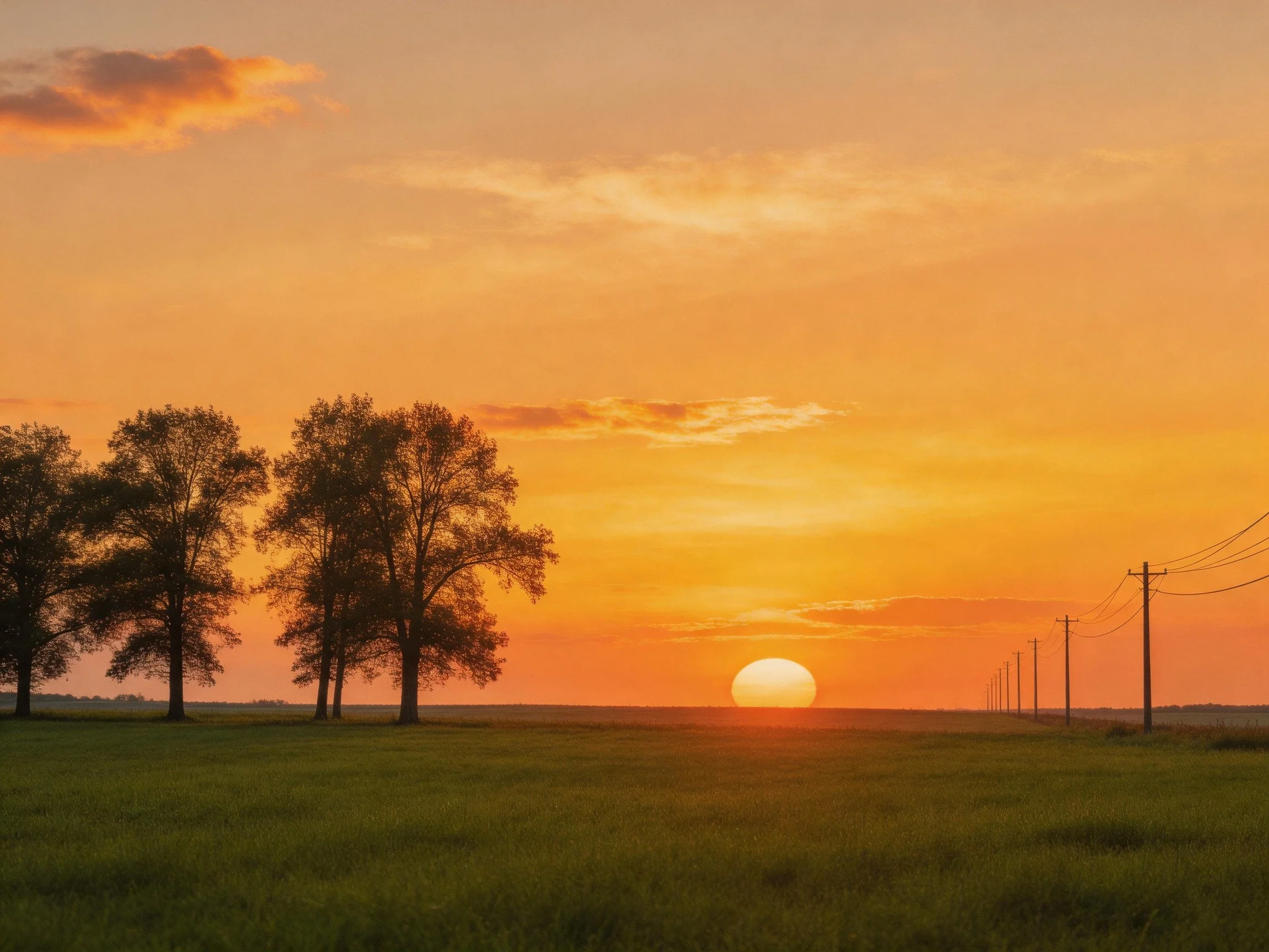 Vibrant Orange Sunset Over Green Field With Silhouetted Trees and Power Lines