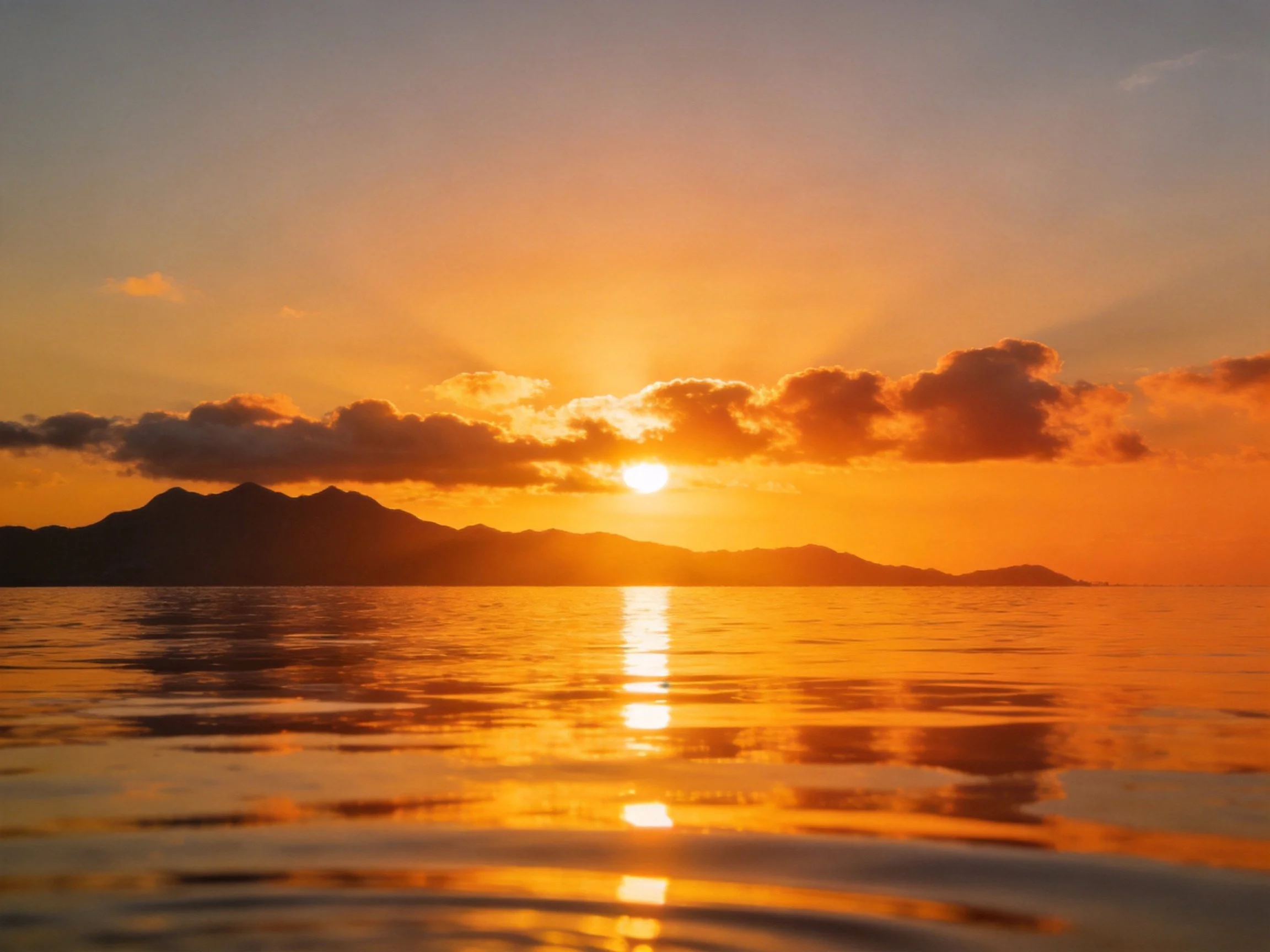 Vibrant Orange Sunset Reflects On Calm Waters Near Mountain Silhouettes