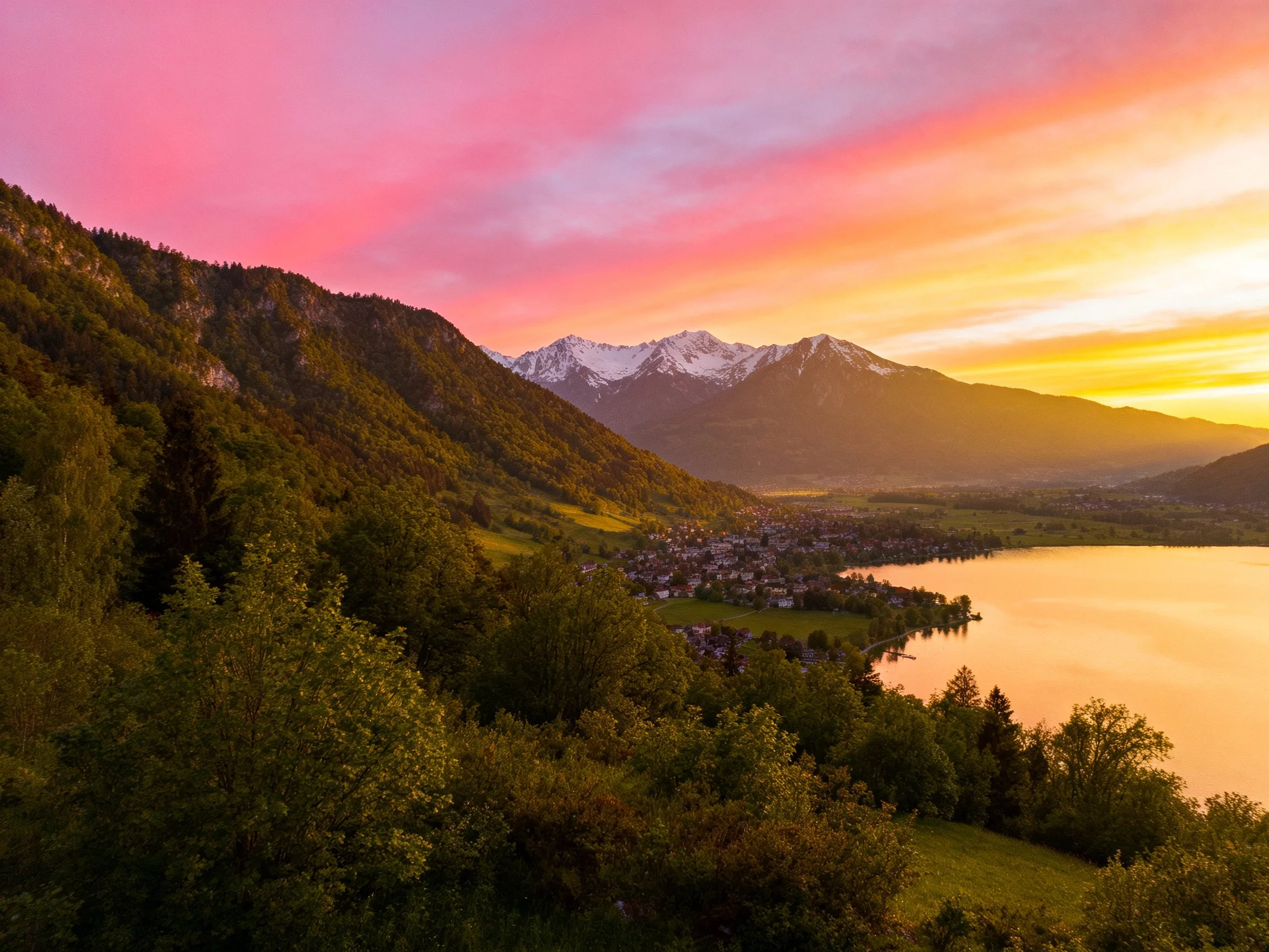 Vibrant Pink and Orange Sunset Over Forested Mountain Valley
