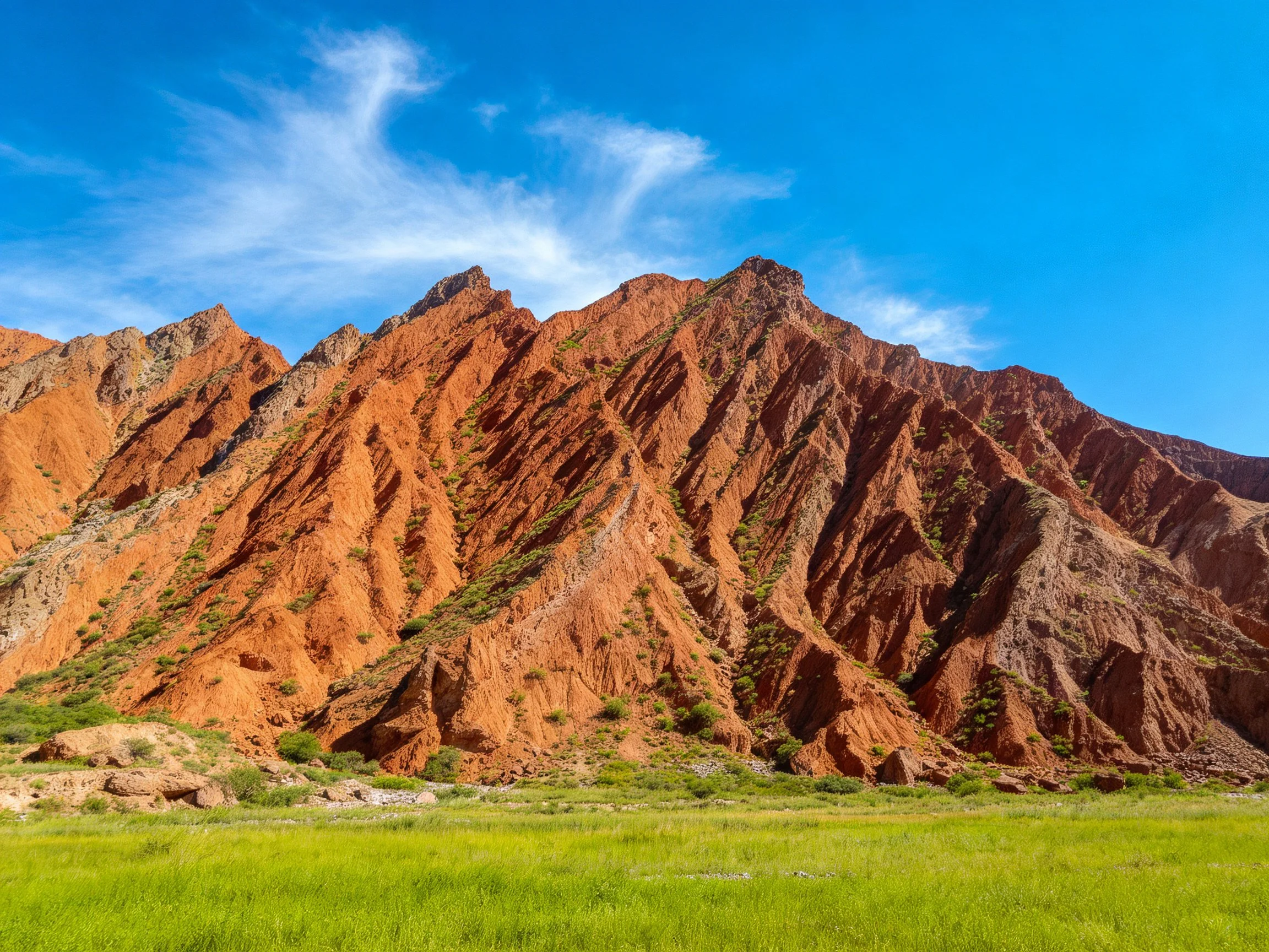 Vibrant Red Cliffs with Lush Green Field Under Bright Blue Sky