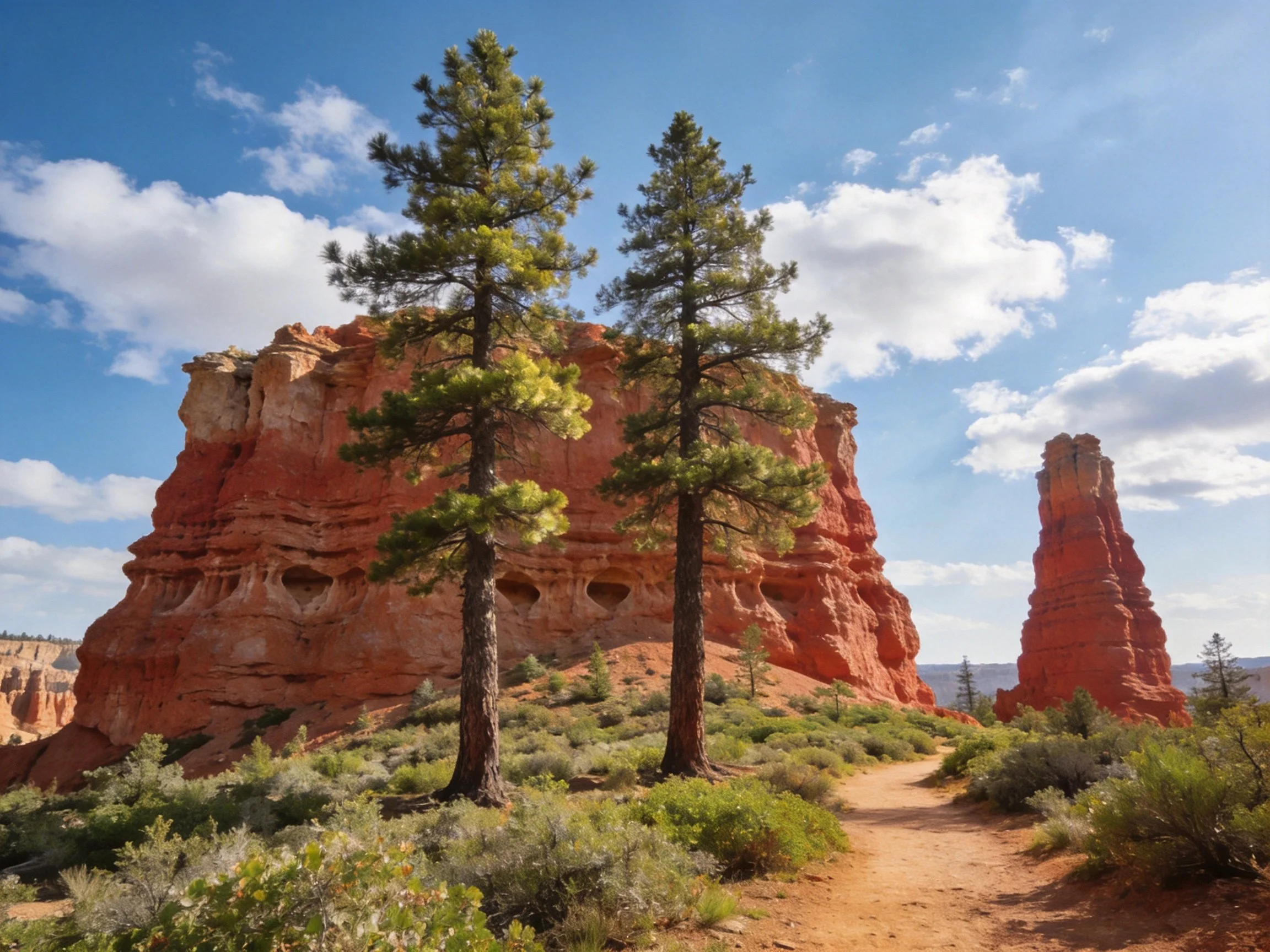 Vibrant Red Sandstone Cliffs with Tall Pines and a Sunlit Trail